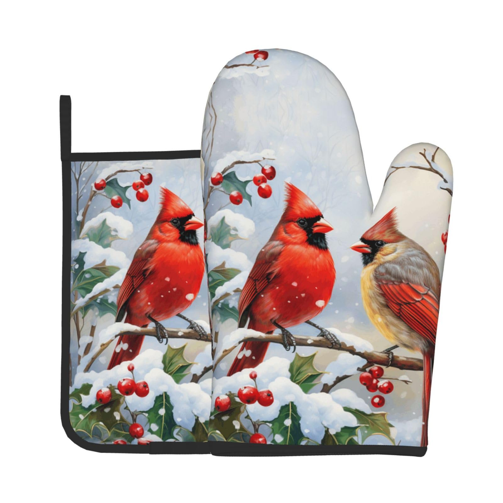 Vintage Winter Oven Mitts and Pot Holders Sets Classic Red Bird Prints Oven Mitts Heat Resistant Snow Tree Kitchen Gloves Hot Pads Two Piece Set for Cooking Baking Grilling BBQ