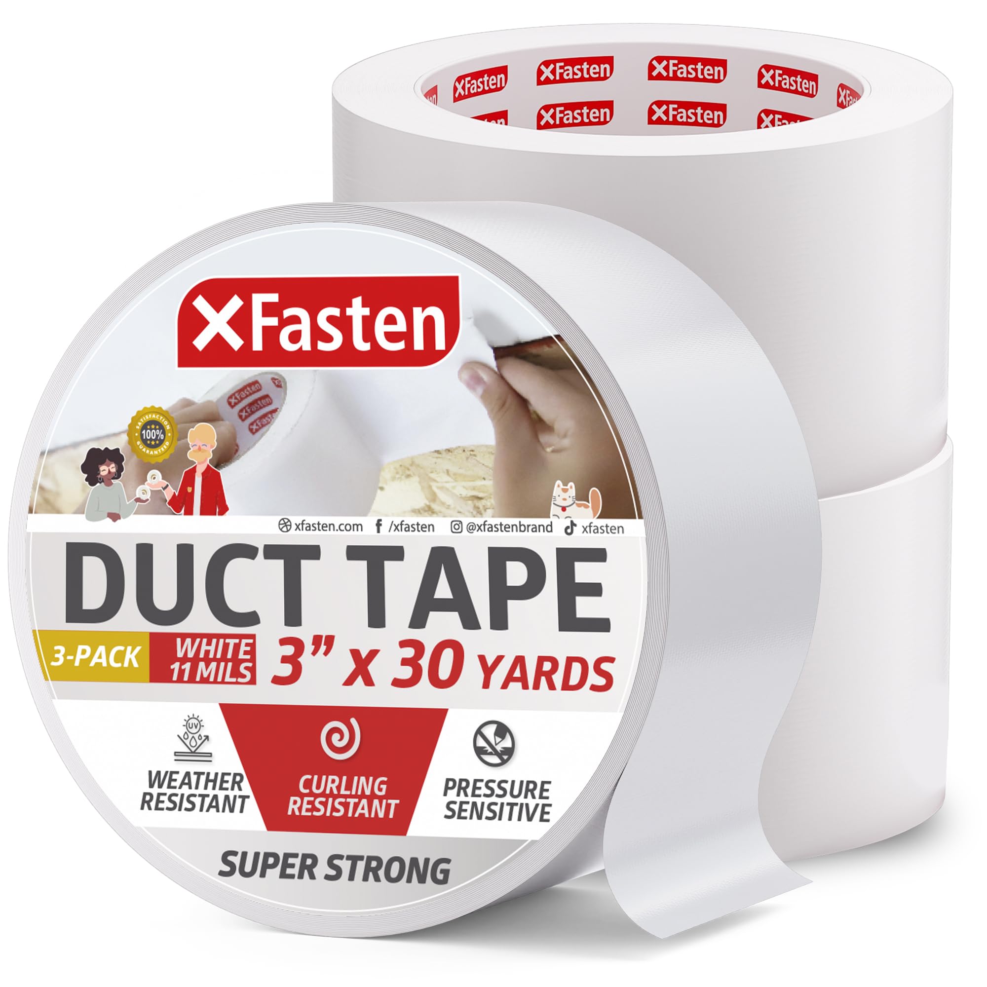 XFasten Super Strong White Duct Tape 3 Inch x 30 Yards 3-Pack (90Yds Total) White Outdoor Tape White Duct Tape Heavy Duty Waterproof, Easy to Tear Travel Duct Tape Bulk for Smooth and Rough Surfaces