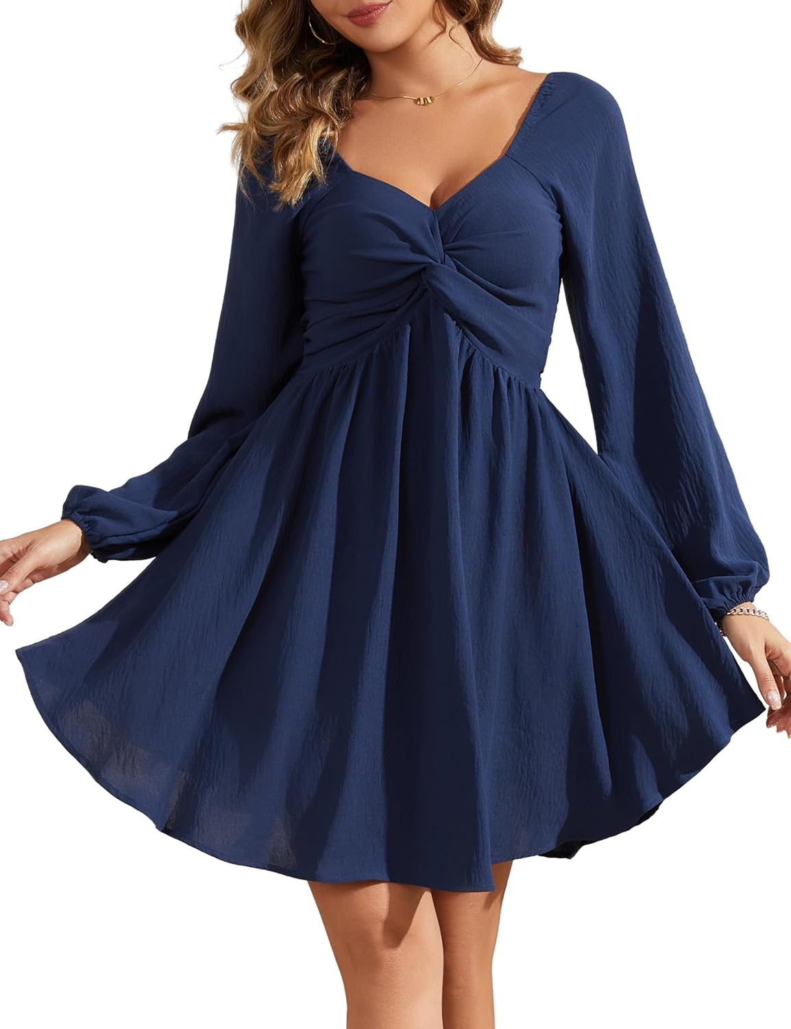 Florboom Women's Sweetheart Knot Front Dress Lantern Long Sleeve Smocked Back A-Line Chiffon Mini Dresses