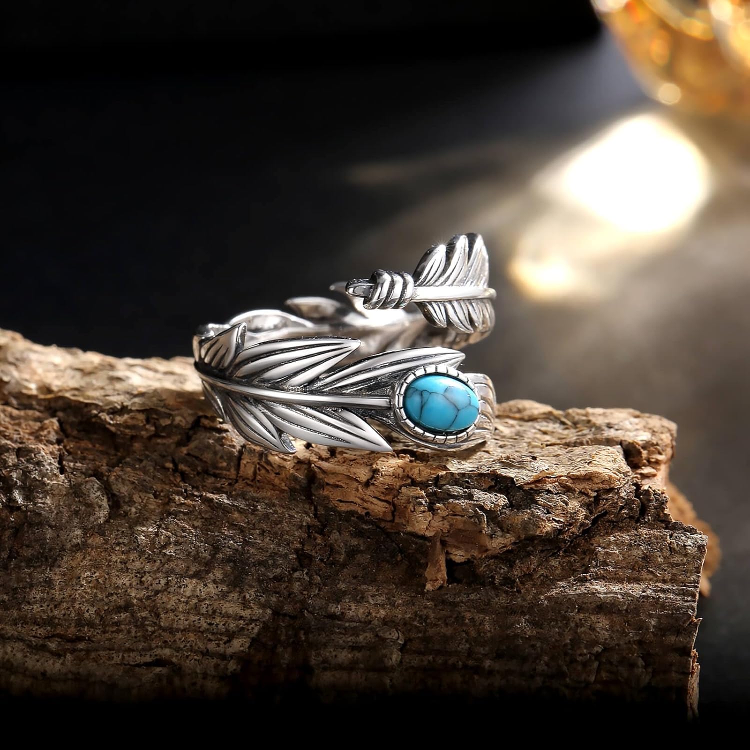 Sterling Silver Turquoise Feather Ring: Vintage Wide Western Lapis Lazuli Boho Thumb Rings Jewelry Gifts for Women - Image 3