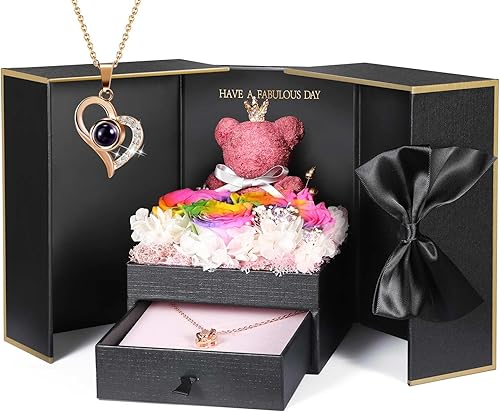 Miniatura 112 de ADDWel Rose Gifts for Women - Preserved Real Roses Forever Purple Flowers with I Love You in 100 Languages Necklace and Cute Moss Bear for