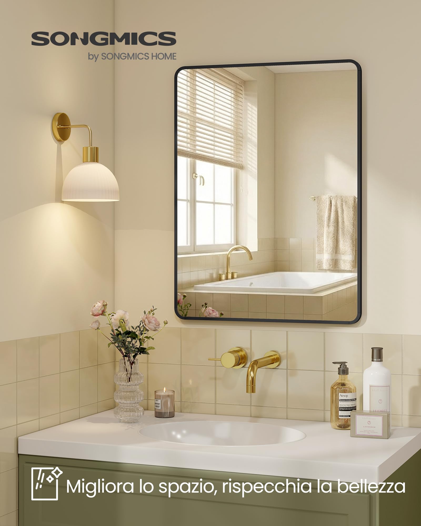 SONGMICS Specchio Bagno, Specchio da Parete, Rettangolare, Cornice in Alluminio, 81 x 61 cm, Pellicola di Sicurezza, 2 Opzioni di Sospensione, Soggiorno Camera da Letto, Nero Inchiostro LWM014BD01
