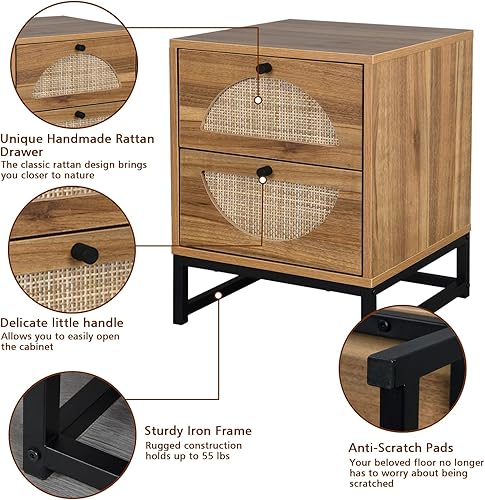 Miniatura 7 de Recaceik Ratten - Mesita de noche natural con 2 cajones de almacenamiento y patas de metal estante rústico para mesita de noche para sala de estar