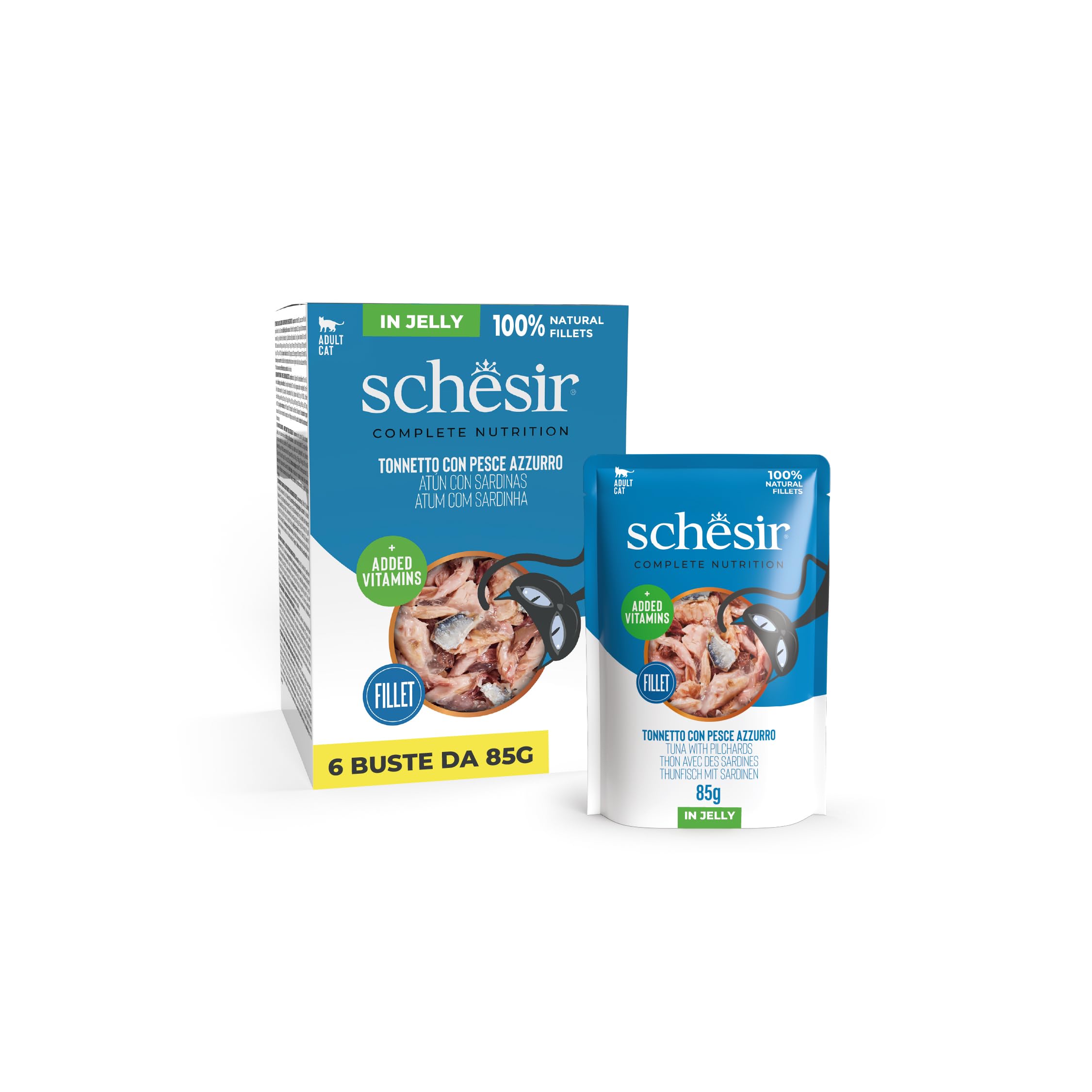 Schesir, Atún con Pescado Azul en Gelatina, Comida Húmeda Completa para Gatos, en Sobres, con Vitaminas Añadidas, 100% Natural, 6 x 85 g