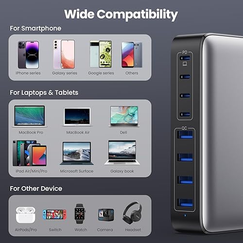 Miniatura 5 de Bloque de cargador USB C de 200 W, estación de carga rápida USB C de 8 puertos PPS PD 65 W, adaptador de cargador para portátil compatible con