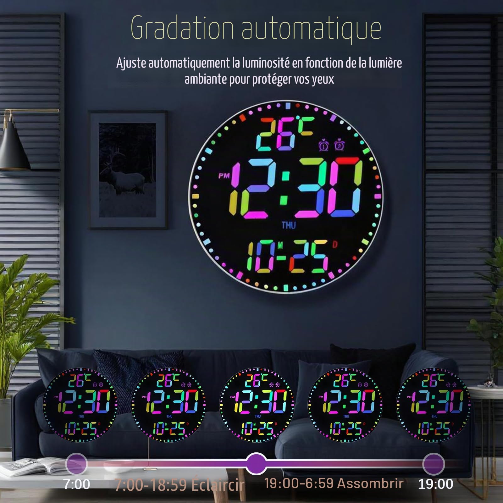 Horloge murale numérique de 30,5 cm, grande horloge murale LED, horloge murale avec 12 couleurs RVB et télécommande, minuteur à grand affichage LED 2025 avec température, date, semaine