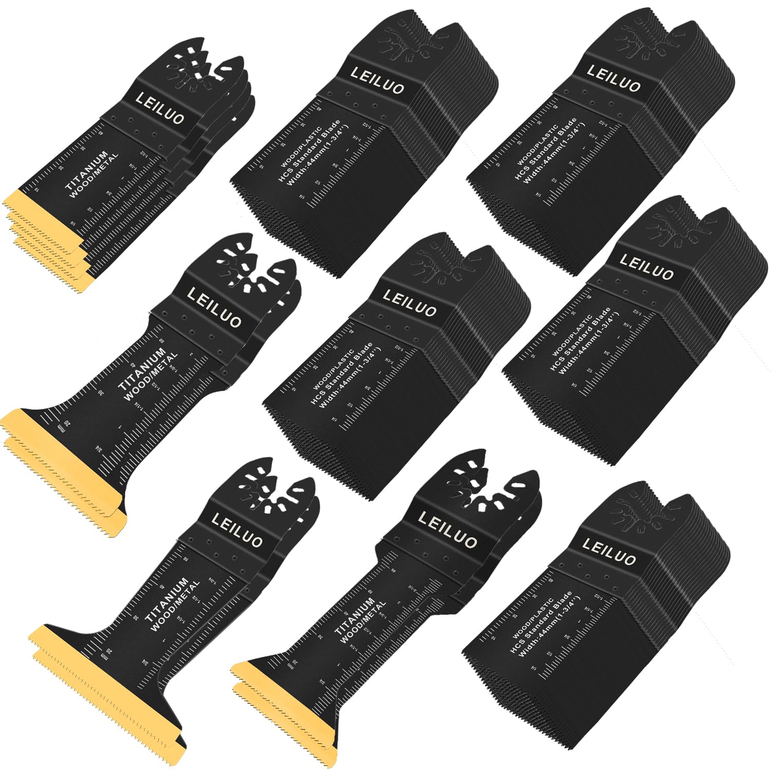 LEILUO 110 Pcs Oscillating Tool Blades Titanium Extra Long & Wide Multitool Blades for Wood Drywall Nails with Storage Bag Universal Oscillating Saw Blade Fit DeWalt Makita and More