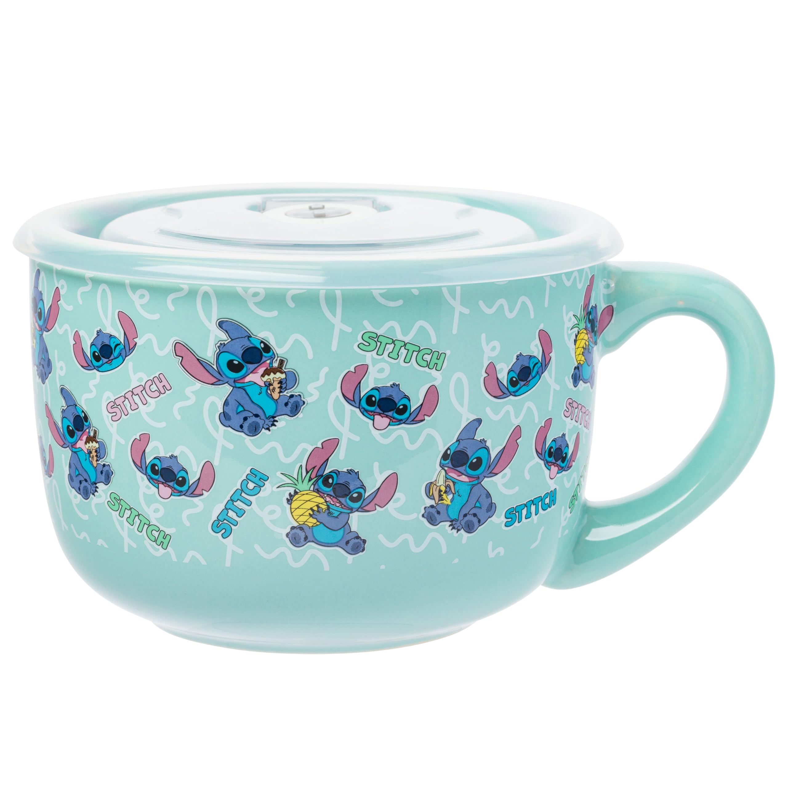 Silver Buffalo Lilo And Stitch: Snack Time Disney Lilo And Stitch Snack And Food Pattern Ceramic Soup Mug With Vented Plastic Lid, 24 Ounces