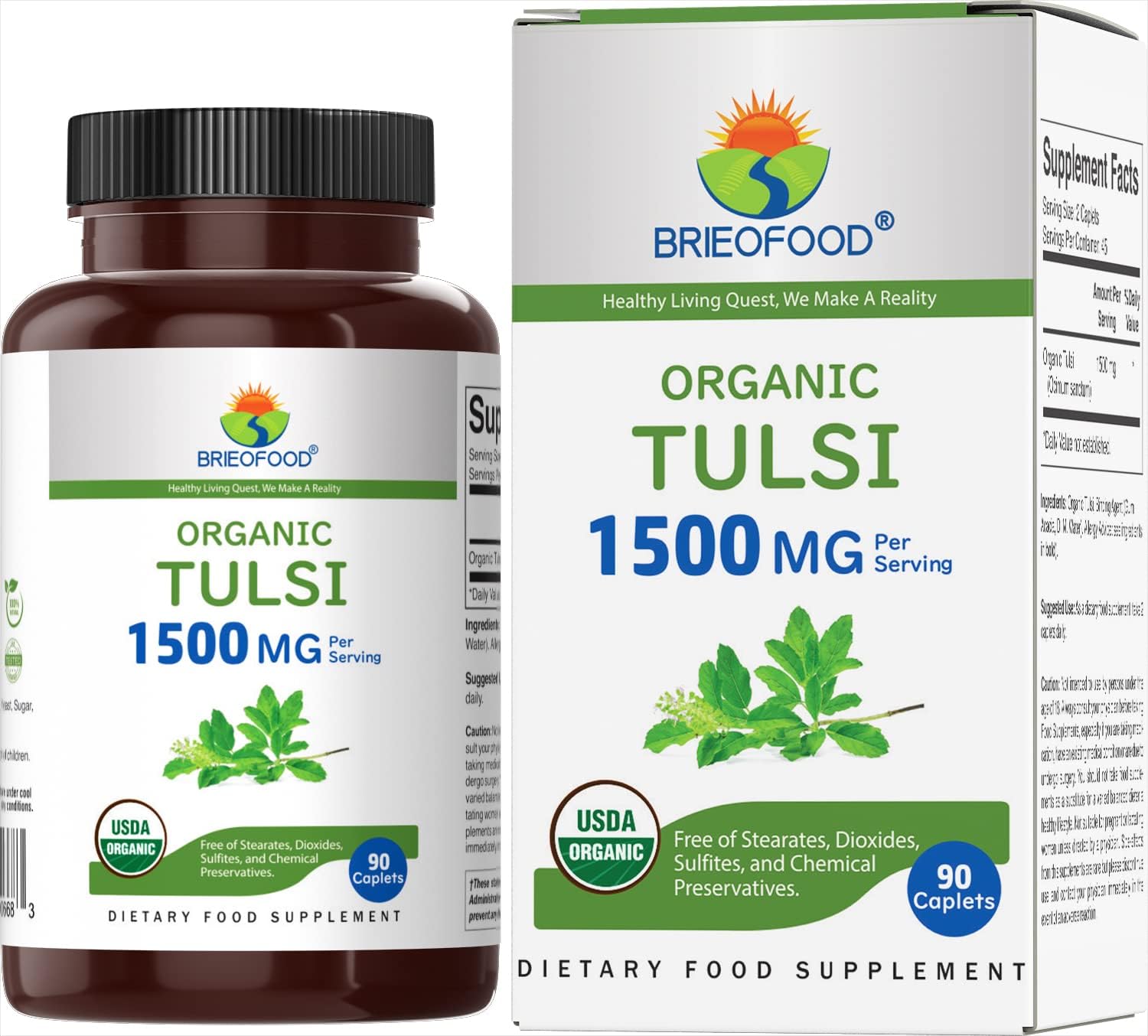 Brieofood Organic Tulsi (Holy Basil) 1500mg, 45 Servings, Vegetarian, Gluten Free, 90 Vegetarian Tablets