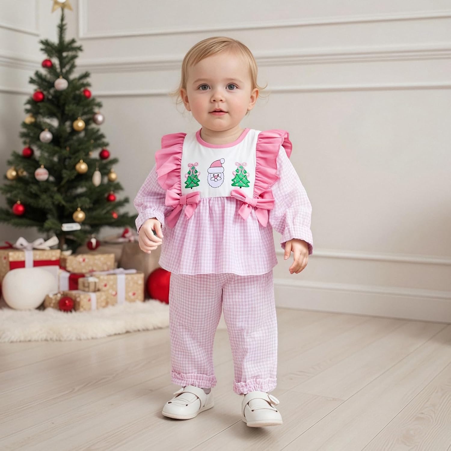 Toddler Girl Christmas Outfit Embroidery Ruffle Long Sleeve Tunic Dress Top Plaid Wide Leg Pants 2 Piece Clothes Set