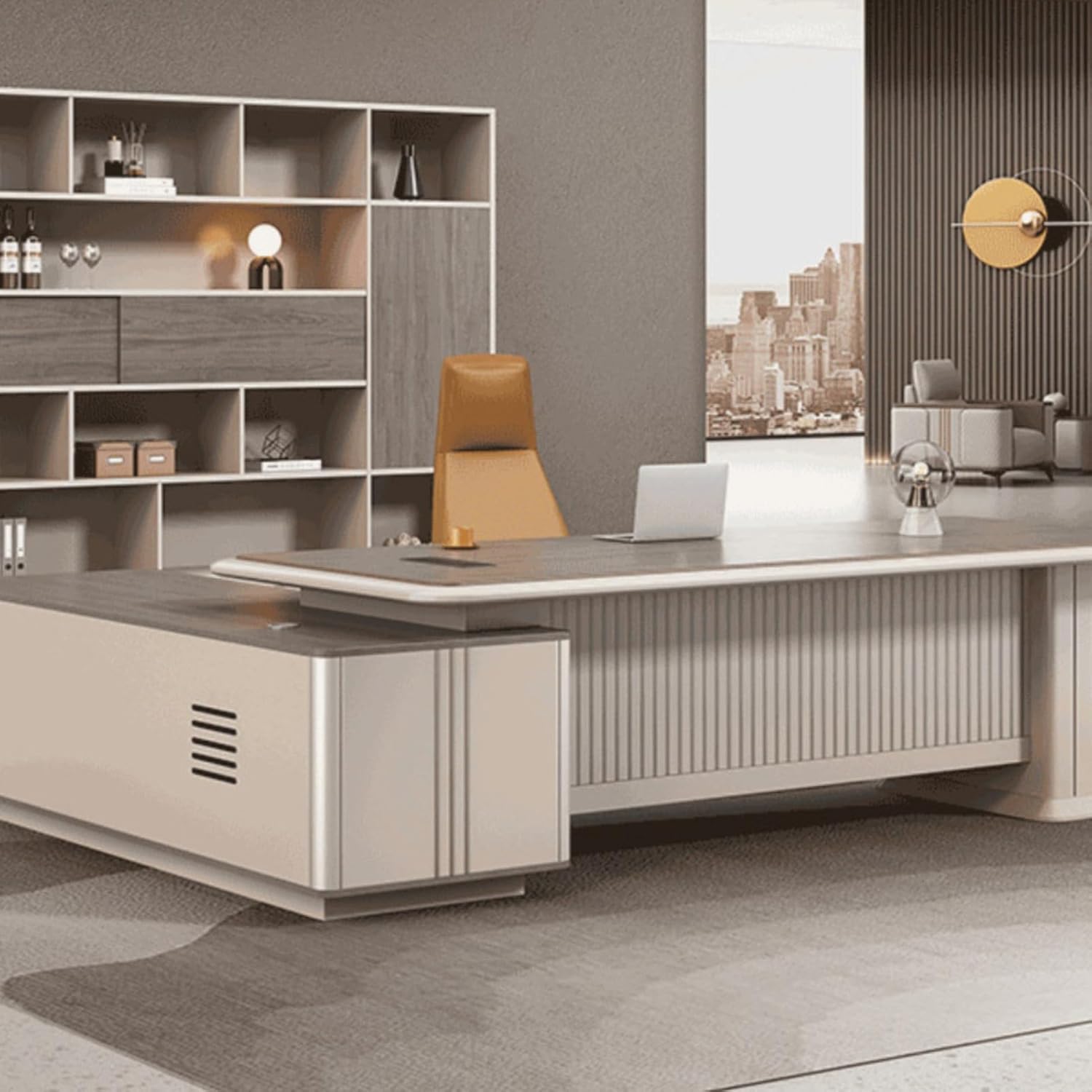 Brown L Shaped Computer Desk Executive Office Desk with Lateral Cabinet Writing Study Table Business Furniture Set