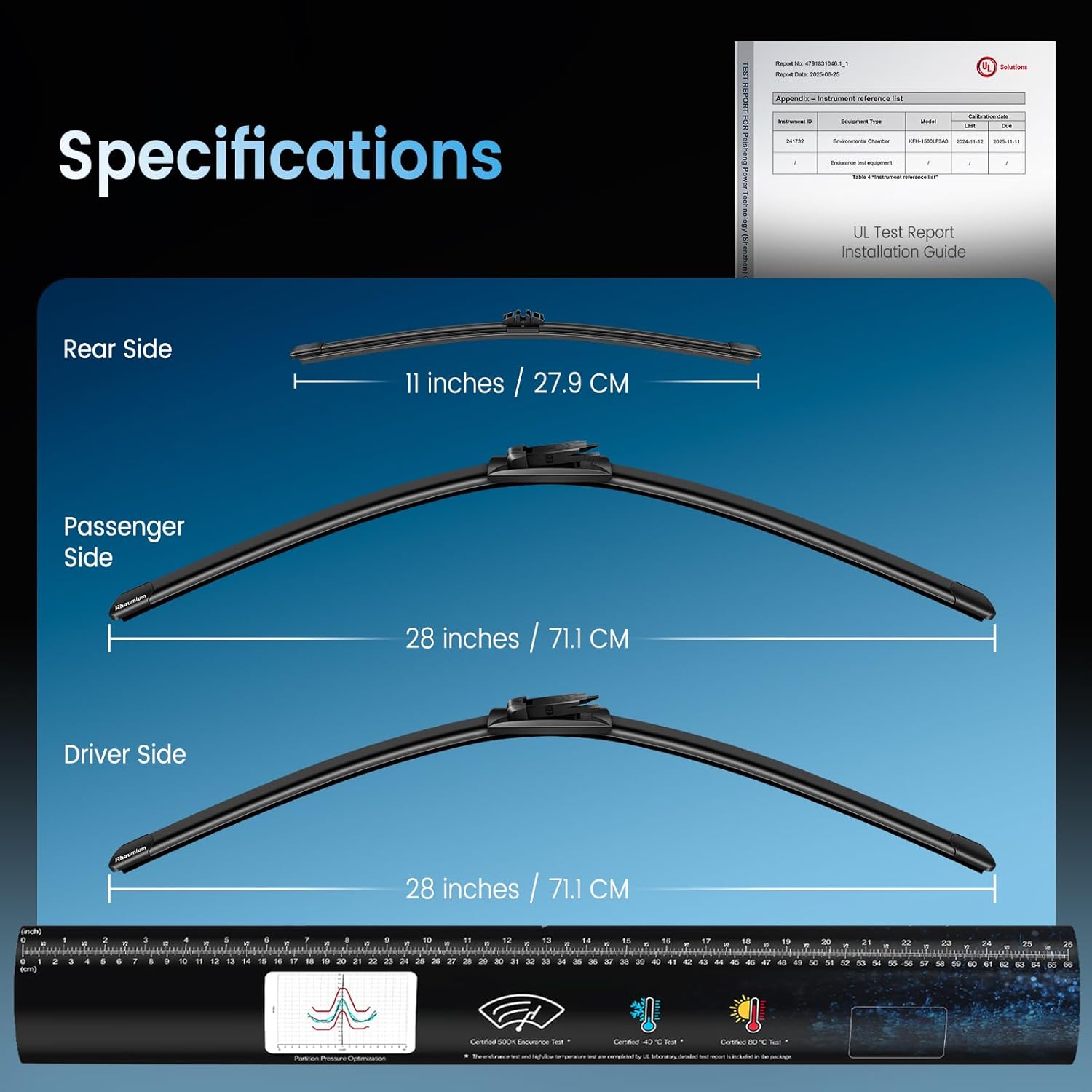 Pack of 3 Wiper Blades 28"+28"+11"; Lab Tested 500K Endurance & High/Low Temp; Optimized Pressure; Specific for Ford Escape 2013-2019