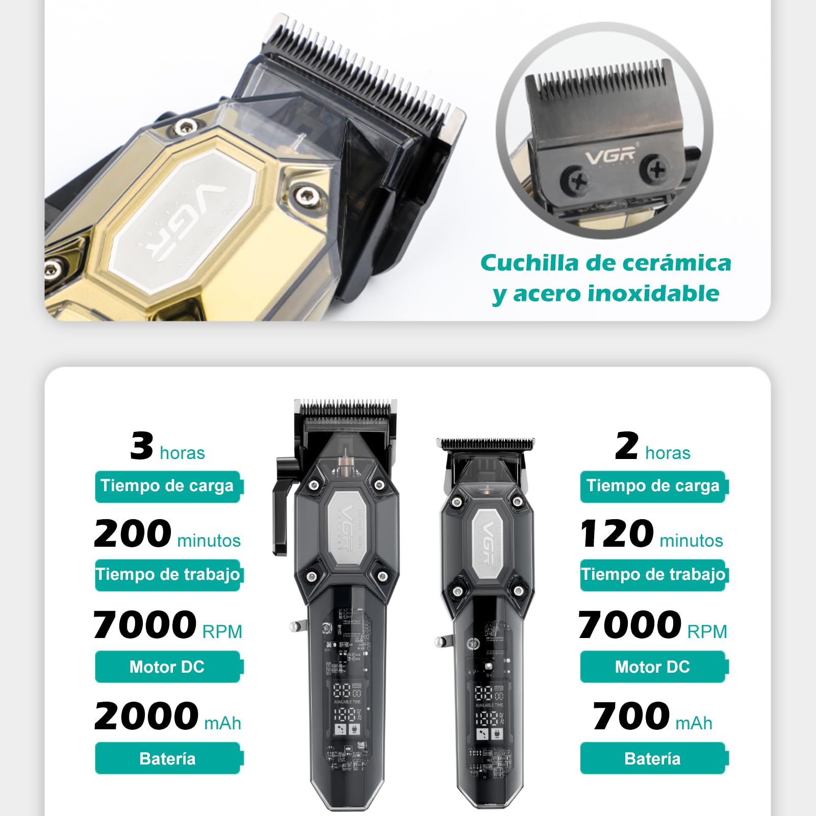 VGR Maquina Cortar Pelo Profesional Inalámbrico Kit con 10 Peines Guía, Pantalla LED, Carga USB, Negro
