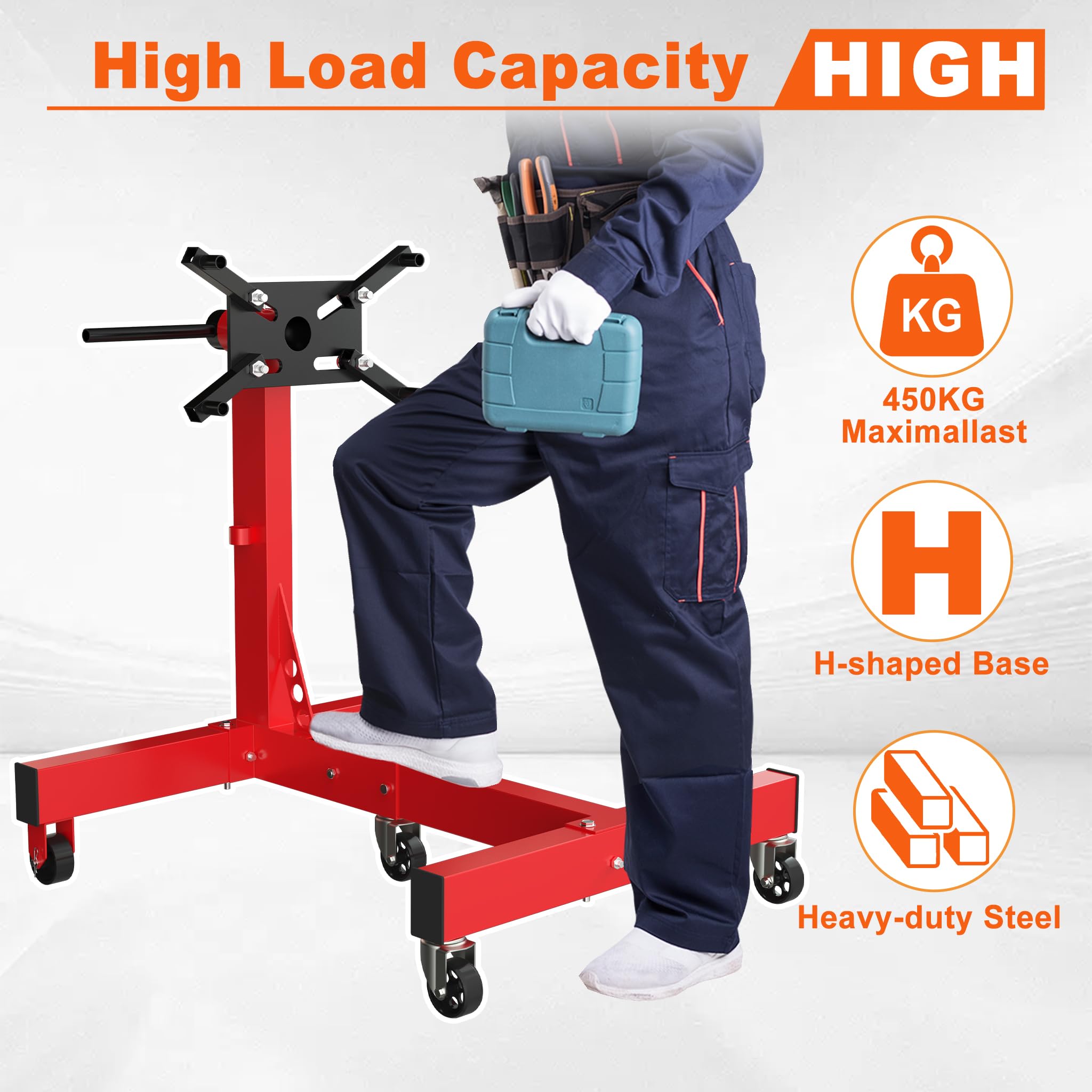 UISEBRT Béquille de moteur de voiture jusqu'à 680 kg, pliable, avec tête pivotante à 360° et 4 bras réglables, support de moteur avec 5 roulettes et poignée antidérapante pour garages et ateliers