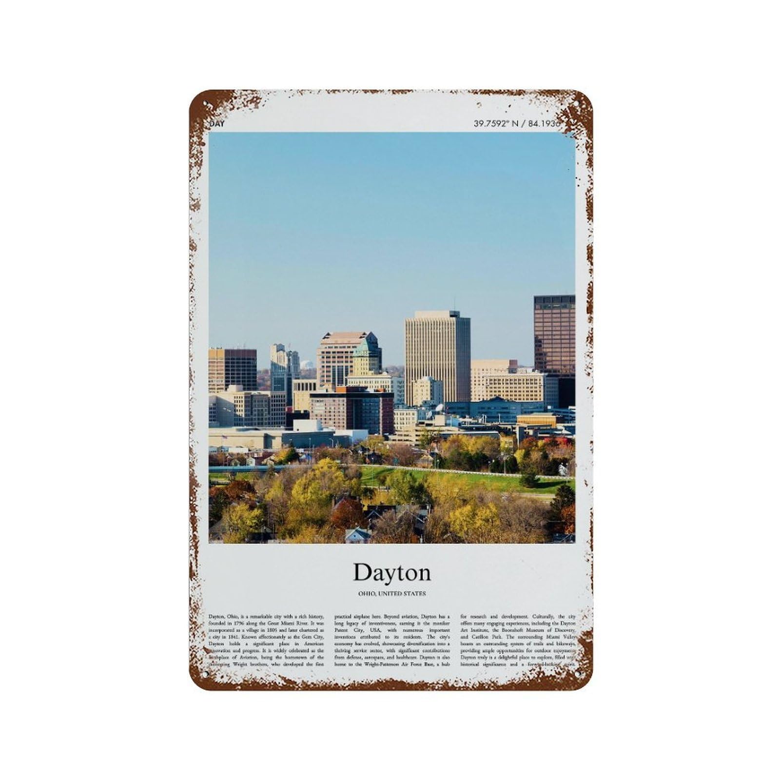 xiaoxiaoshen Dayton Ohio, United States, USA City Scenery Wall Decor Art Metal Tin Poster Modern Home Decor Art Home Bar Shop Decorations Vintage Sign 30x20cm