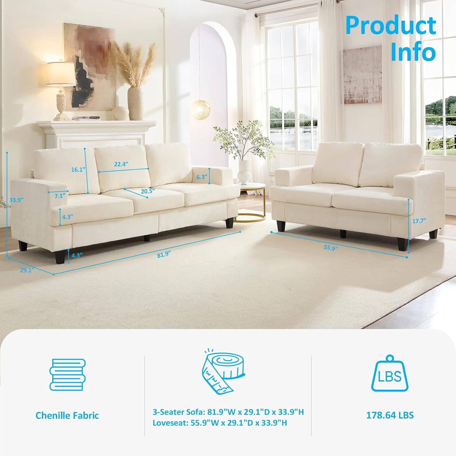 Mjkone 2 Pieces Living Room Sofa Sets, 82" W 3 Seat Sofas Couch and Loveseat Set, Sofas Couches Living Room Furniture Set, Sectional Couch Set for Home Office, 3-Seat Sofa + Loveseat, Beige