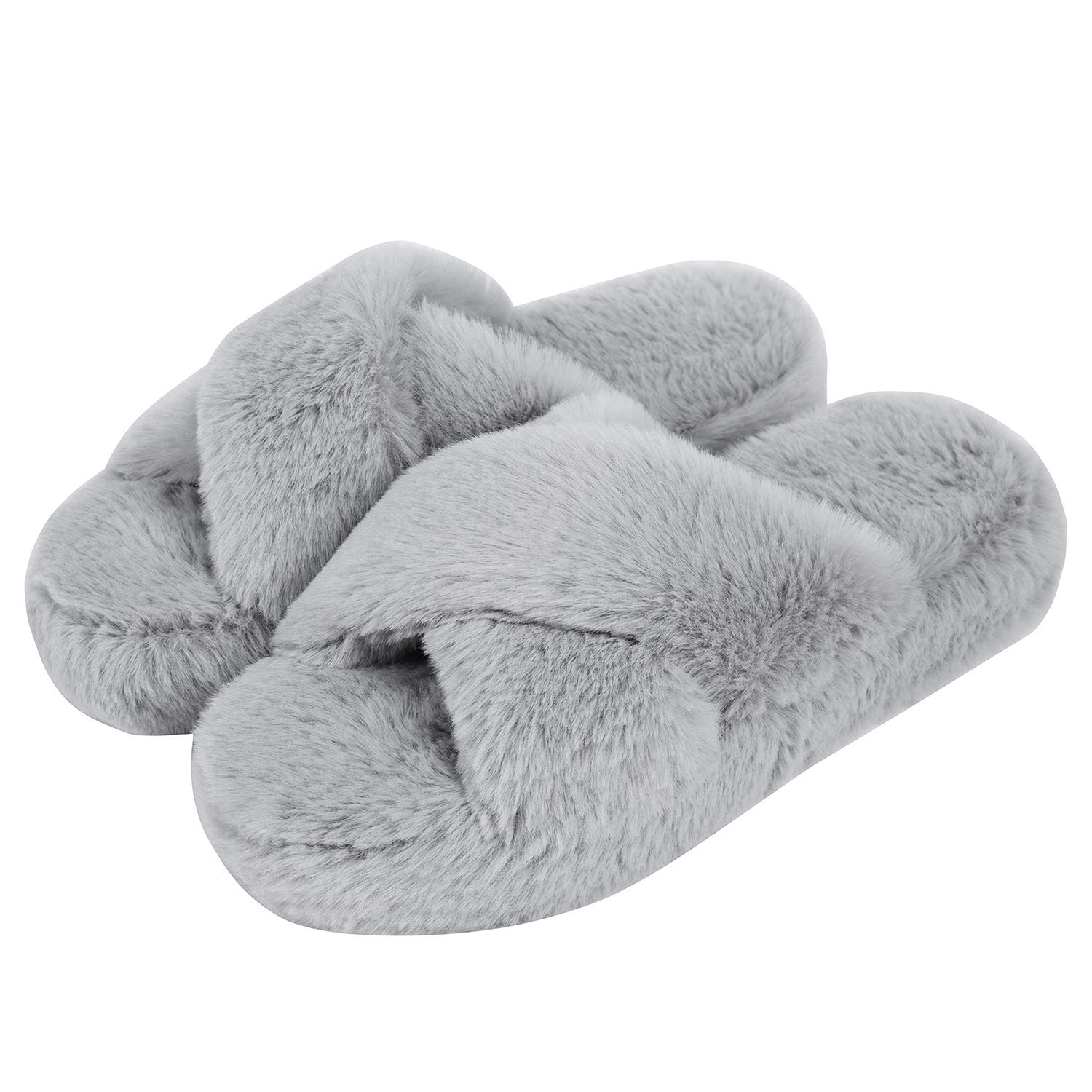 DL Fluffy Womens House Slippers Cross Band Open Toe, Soft Plush Fleece Bedroom Slippers Women Memory Foam, Comfy Fuzzy Slip On Non-Slip Womens