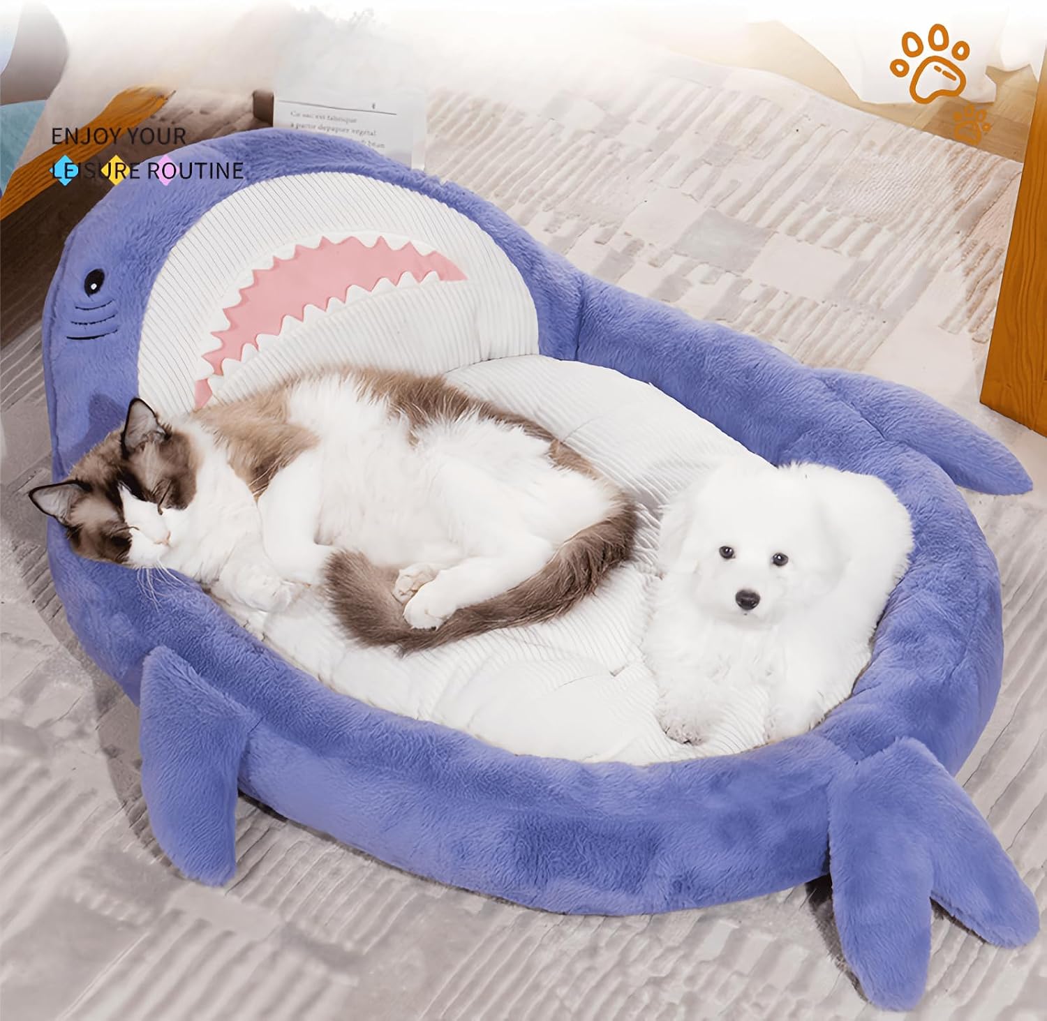 Cute Cat Bed Shark-Shaped Round Dog Sofa Beds Large Space Funny Cat Sofa Anti-Slip for Indoor Cats and Small Medium Dogs (Blue, L (0-27lbs))