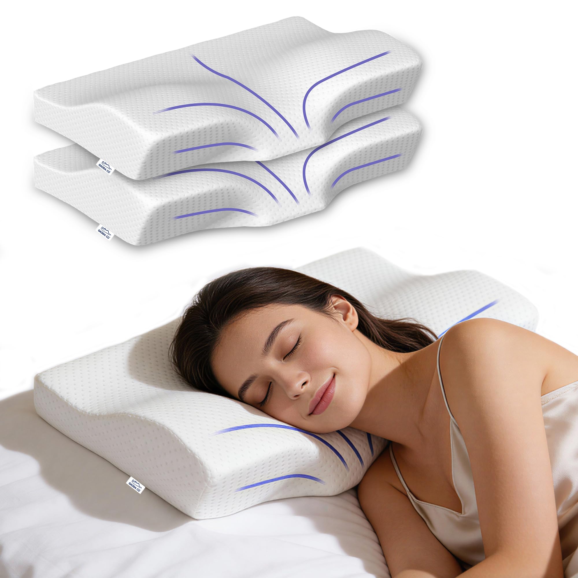 GADDA CO Cervical Pillow for Neck & Shoulder Pain - Orthopedic Memory Foam Neck Support Pillow for Sleeping, Contour & Side Sleeper, Spondylitis Relief, Anti-Snoring – 20x12x2.5 Inch, White, Pack of 2
