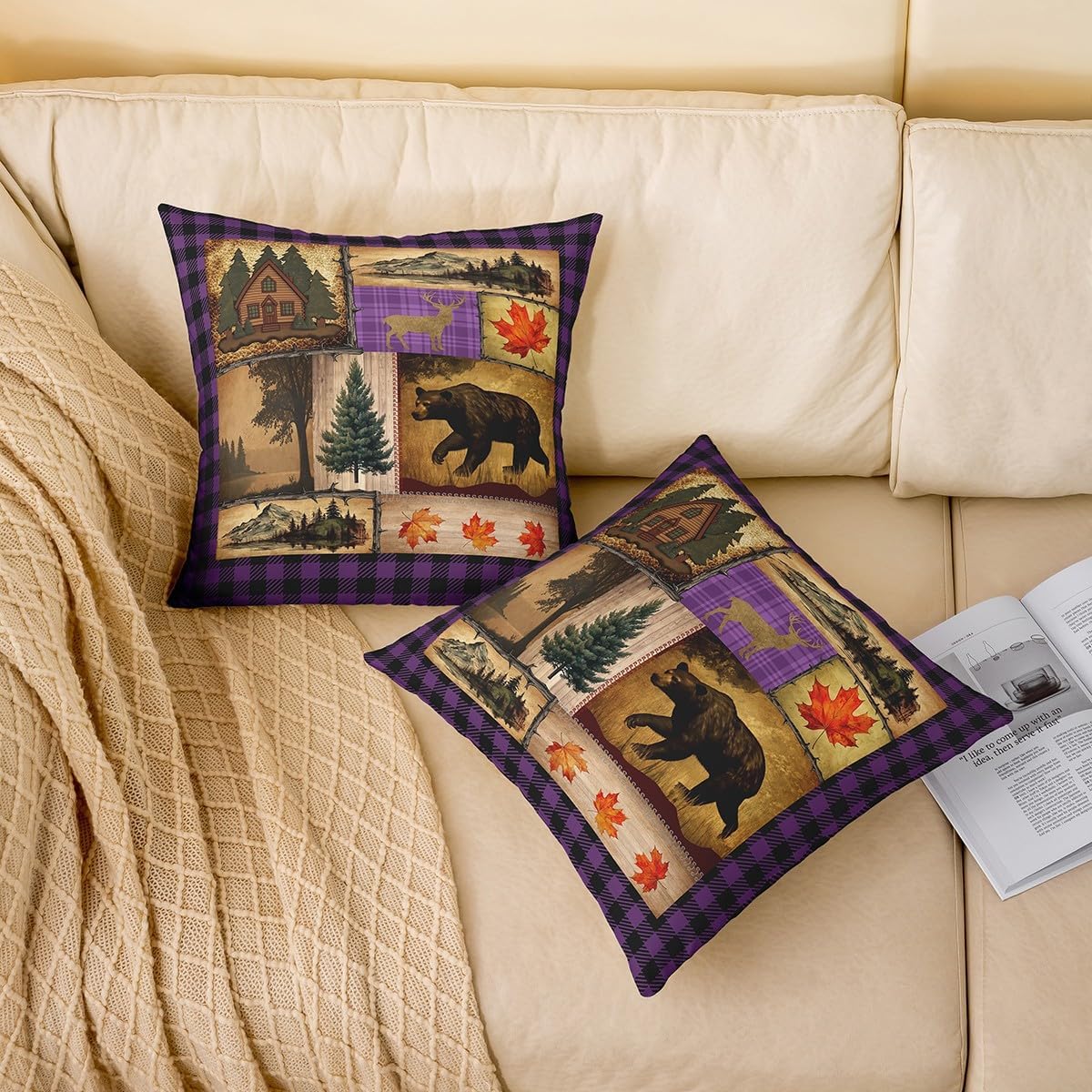 Erosebridal Bear Cabin Lodge Throw Pillow Covers 18X18 Inch Set of 4,Christmas Farmhouse Pillow Covers,Western Cushion Cases,Rustic Woodland Animals Wildlife Hunting Decorative Pillow Covers,Purple