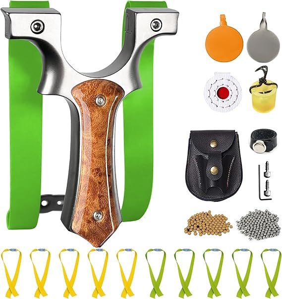 Professional Slingshot for Adults & Kids,Stainless Steel Hunting Catapult with Ergonomic Grip,High Velocity & Precision Shooting Kit (100 Ammo Balls, 10 Bands, Tactical Pouch & Targets)