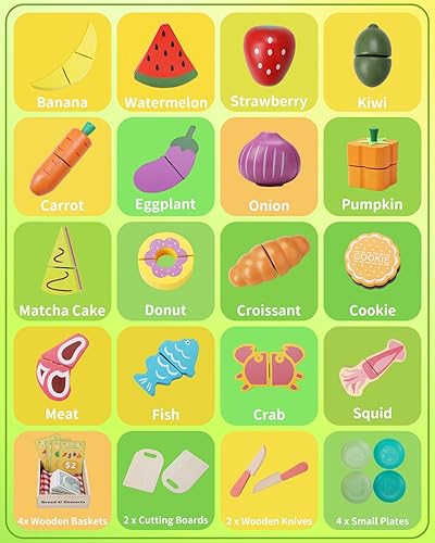 Miniatura 4 de Juego de 70 piezas de comida Montessori de madera para niños con cortar frutas, verduras, pan, carne y cajas de madera, juguetes educativos