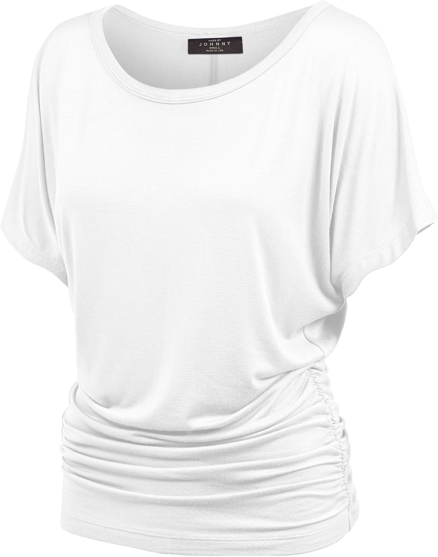 Made By JohnnyWomen's Solid Short Sleeve Boat Neck V Neck Dolman Top with Side Shirring