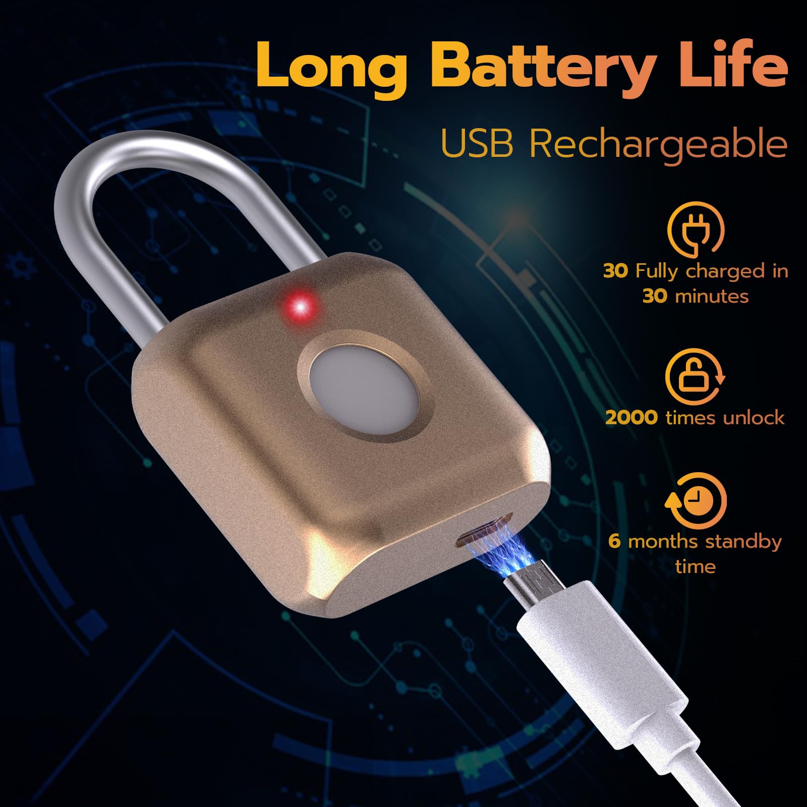Pothunder Cadenas à empreintes digitales, cadenas intelligent, serrure biométrique en métal sans clé, rechargeable par USB, pour casier de gym, bagages, sac à dos (placer doré)