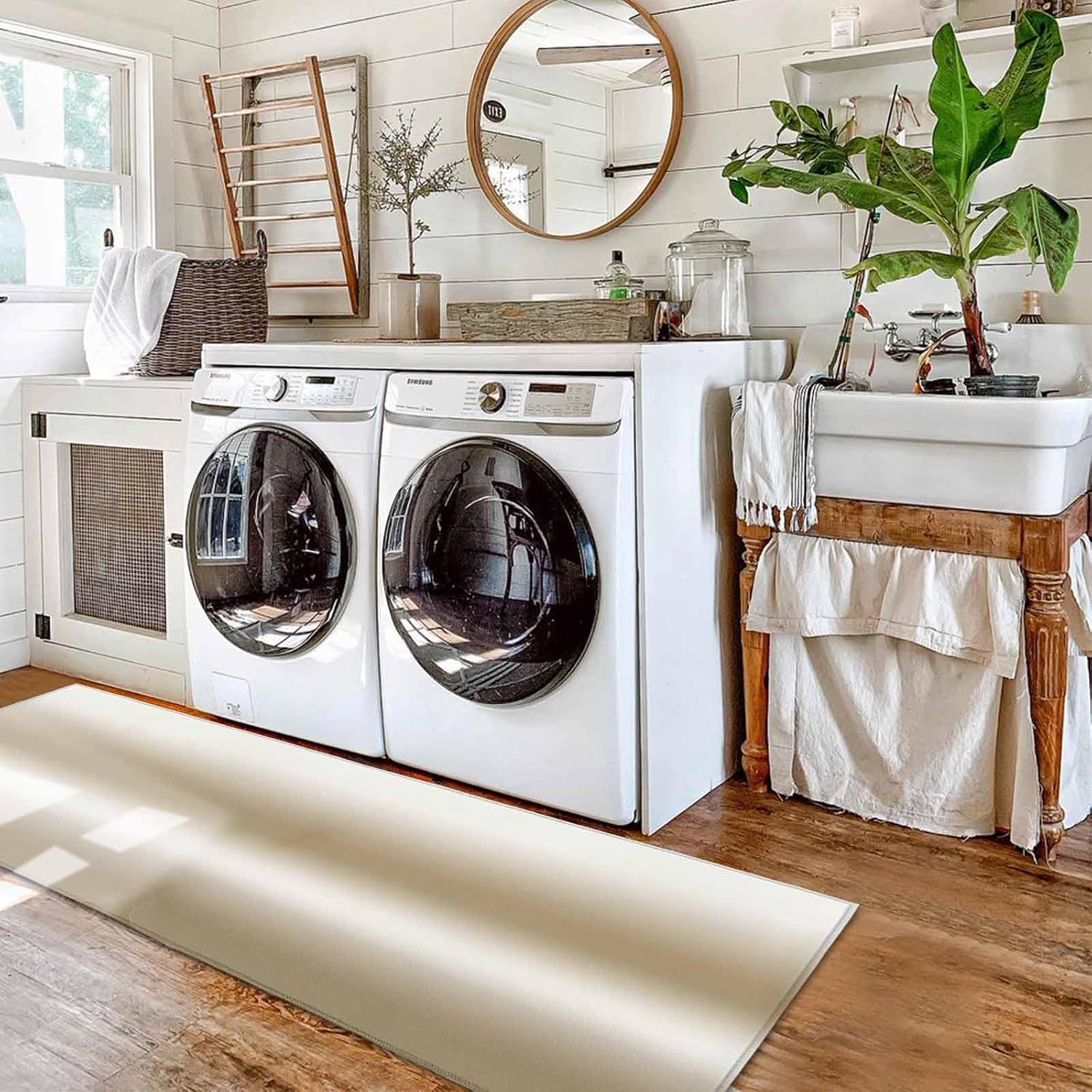 Teamery Kitchen Mats for Floor Abstract Gradient Khaki Beige Washable Non Slip Kitchen Rugs 2PCS, Vintage Country Absorbent Standing Mats for Sink Bathroom Office Living Room 15.7x23.6in+15.7x47.2in