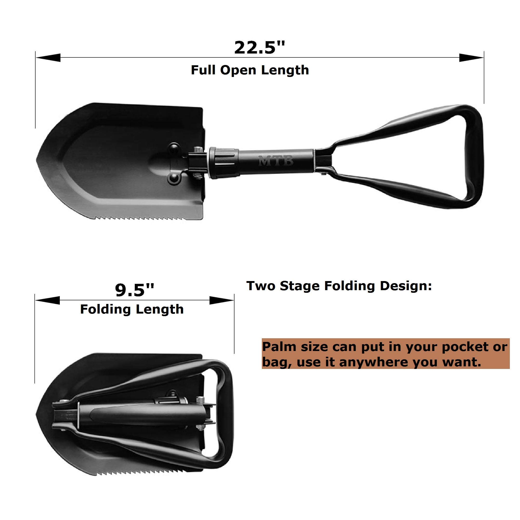 Pala militar plegable MTB para acampar, herramienta de anclaje de acero de alto carbono con borde de sierra de madera y funda de transporte táctica, 22.8 pulgadas, color negro