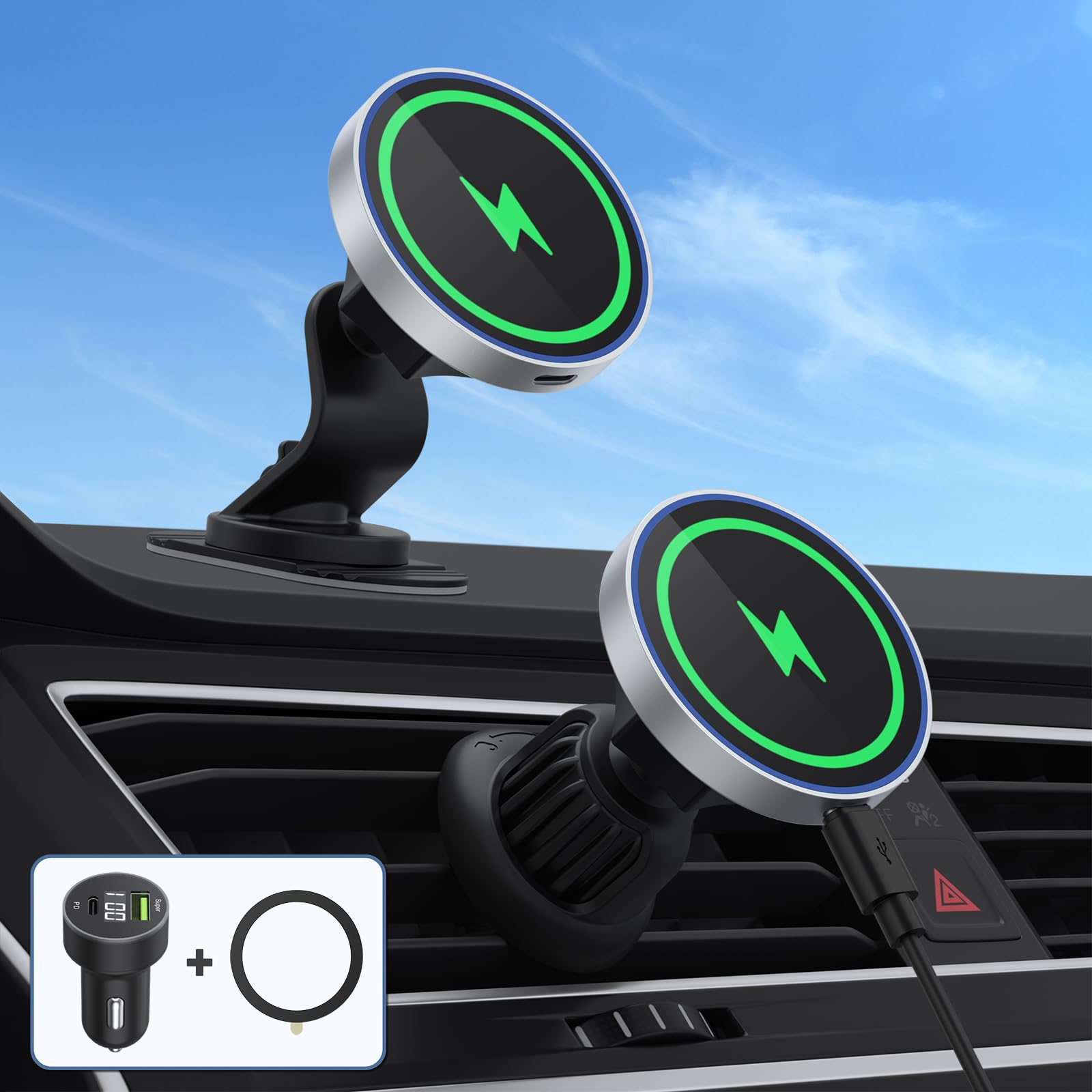 Vancle Cargador Inalámbrico Coche MagSafe 15W, Soporte Móvil Inalámbrico Magnético Alineación Automática, Cargador Coche Carga Rápida, Soporte Rejilla Aire para iPhone 16 Pro Max/15/14/13 Serie