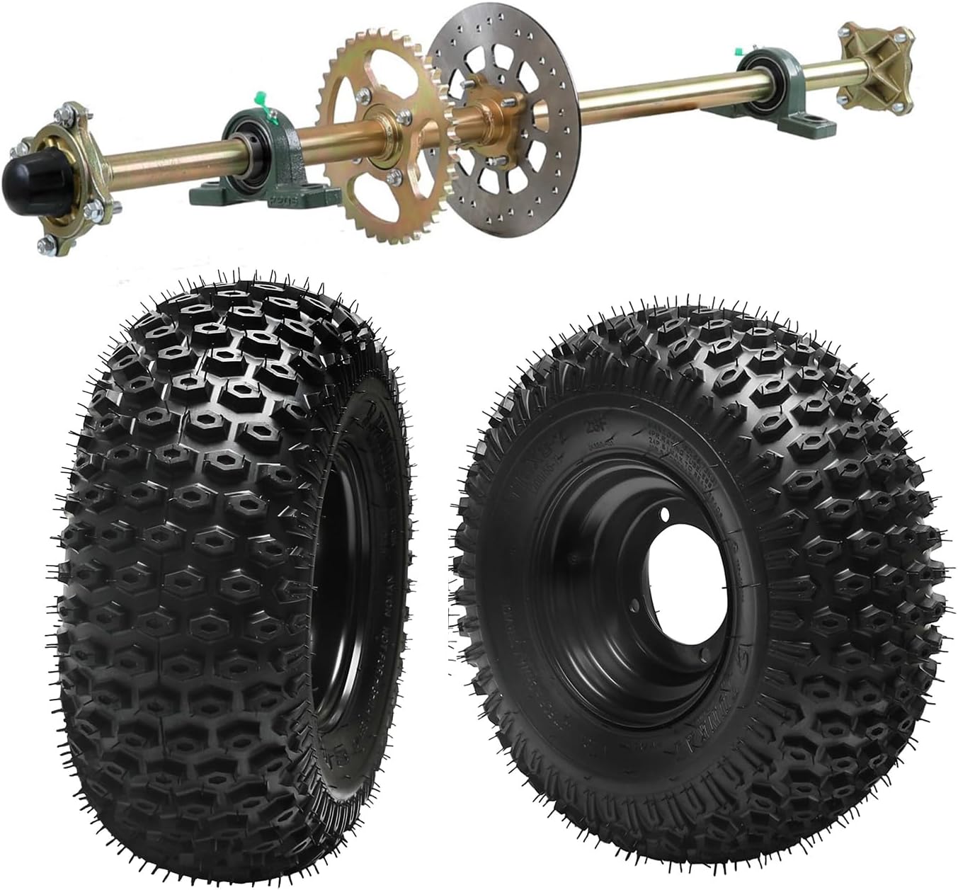 44'' Rear Axle Go Kart Axle Kit & 16x8-7'' ATV Wheel Tire Rim, 16x8x7 4PR Tubeless Tires All Terrain Tires for UTV Dune Buggy Quad Bike Lawn Mower, Nylon, 4 Holes