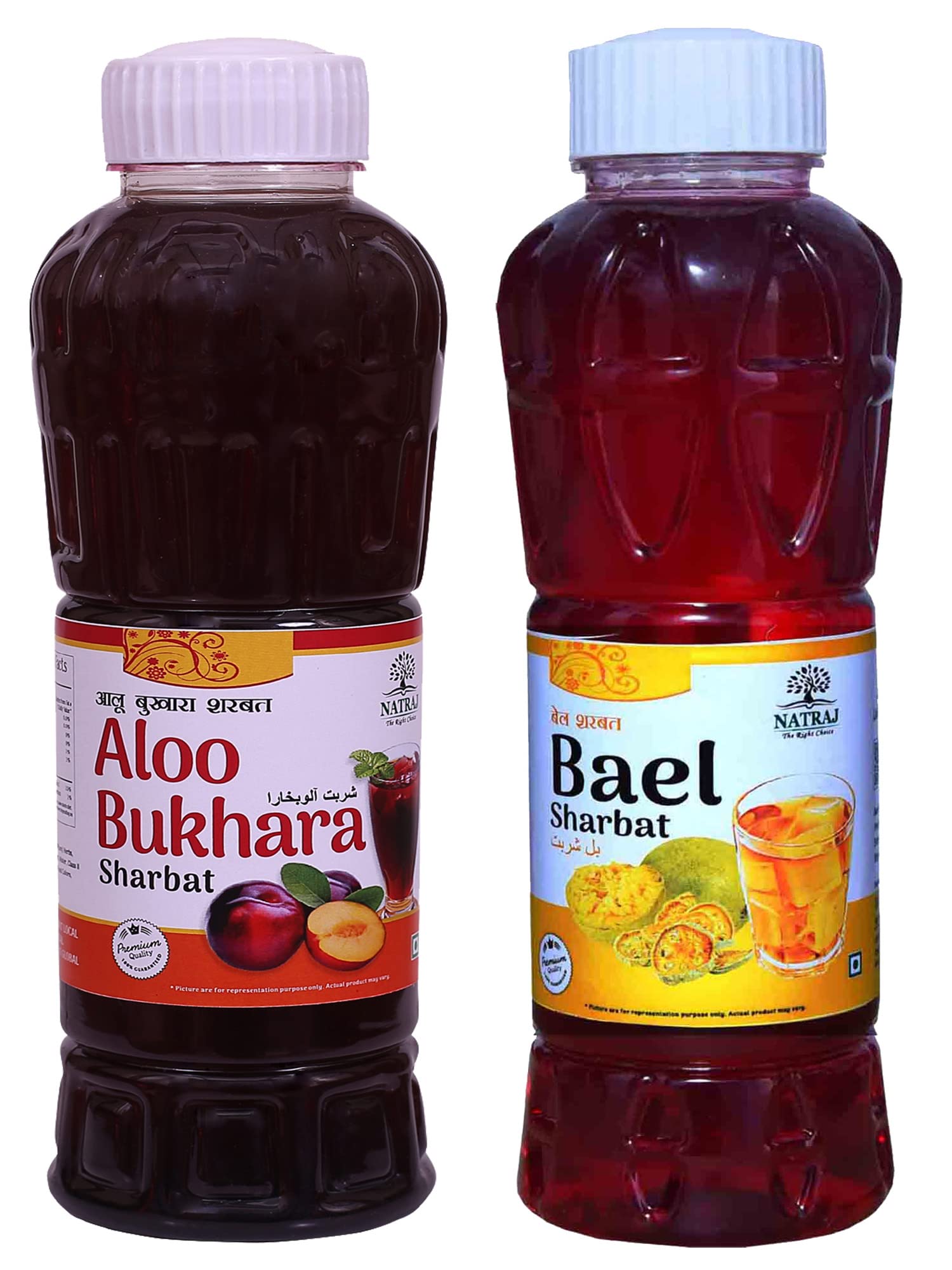 natraj the right choice aloobukhara & bael sharabat pack of 2 (750ml x 2) = 1500ml syrup combo (pack of 2 x 750 ml bottle) = 1500ml | instant refreshing drink for summer | natural body coolant
