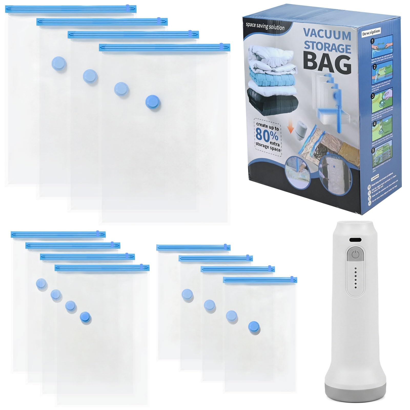 Vacuum Bags for Travel with Electric Pump - 12Pack(4 L & 4 M & 4 S) Vacuum Storage Bags for Reusable Space Saver Bags, Compression Packing Seal Bags for Travel Luggage Home Moving House