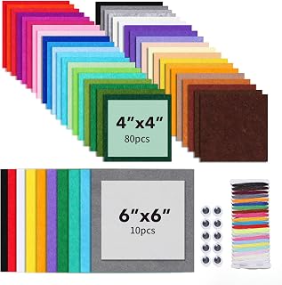 Loyisal 90PCS Felt Sheets Craft Kit - 80x 4x4" (40 Colors) + 10x 6x6" (10 Colors), 1mm Thick Nonwoven Fabric for DIY Crafts