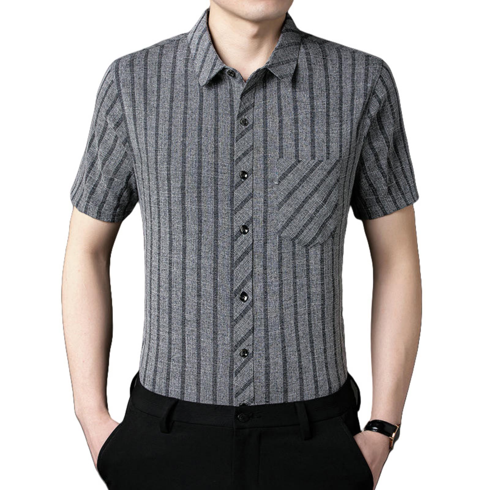 Camisa de verano de algodón y lino para hombre, casual, con solapa y rayas verticales, de manga corta, a la moda