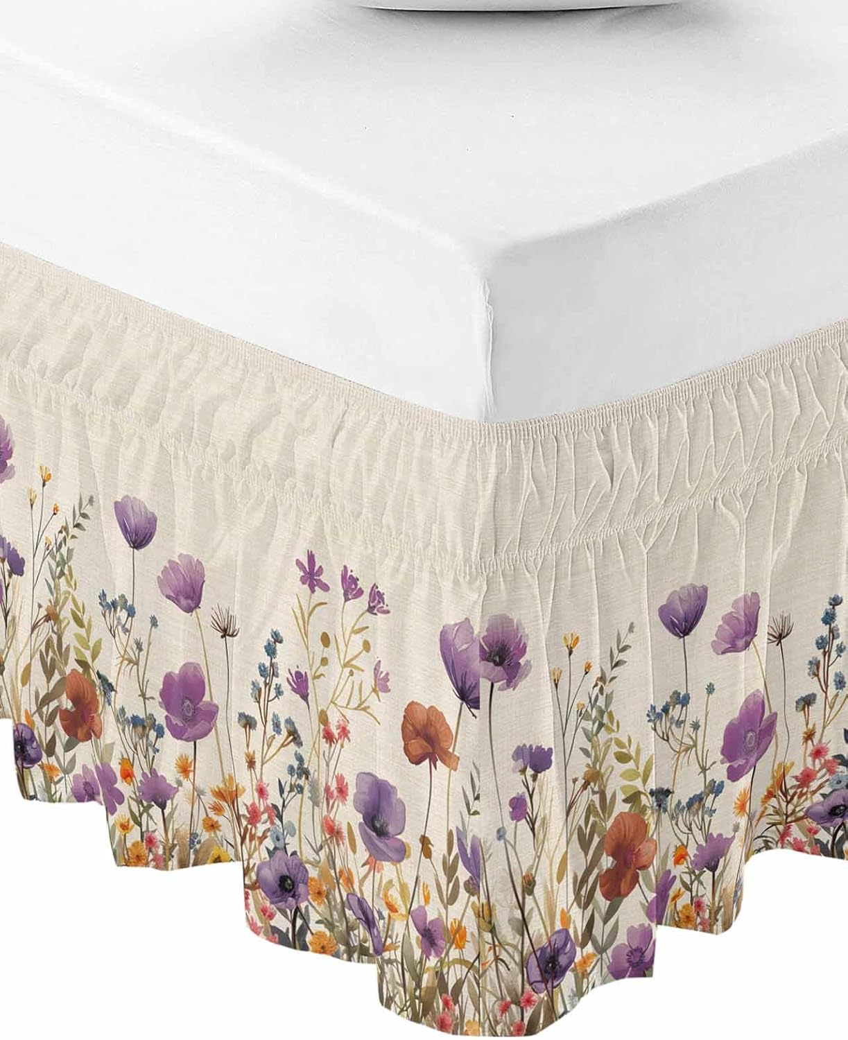 Sage Green Yellow Spring Floral Bed Skirt Queen Size 18 Inch Drop, Elastic Bedskirt Dust Ruffle for Queen Bed, Watercolor Botanical Summer Flowers Wrap Around Bed Skirts Bed Frame Cover