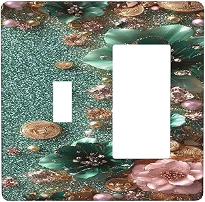 Decorative Outlet Covers Bling Green Rose Flowers Crystal Rhinestone Glitter 2 Gang 1 Gang Wall Plate Cover Single Toggle Rocker Combo Light Switch Cover Plate Face Plate