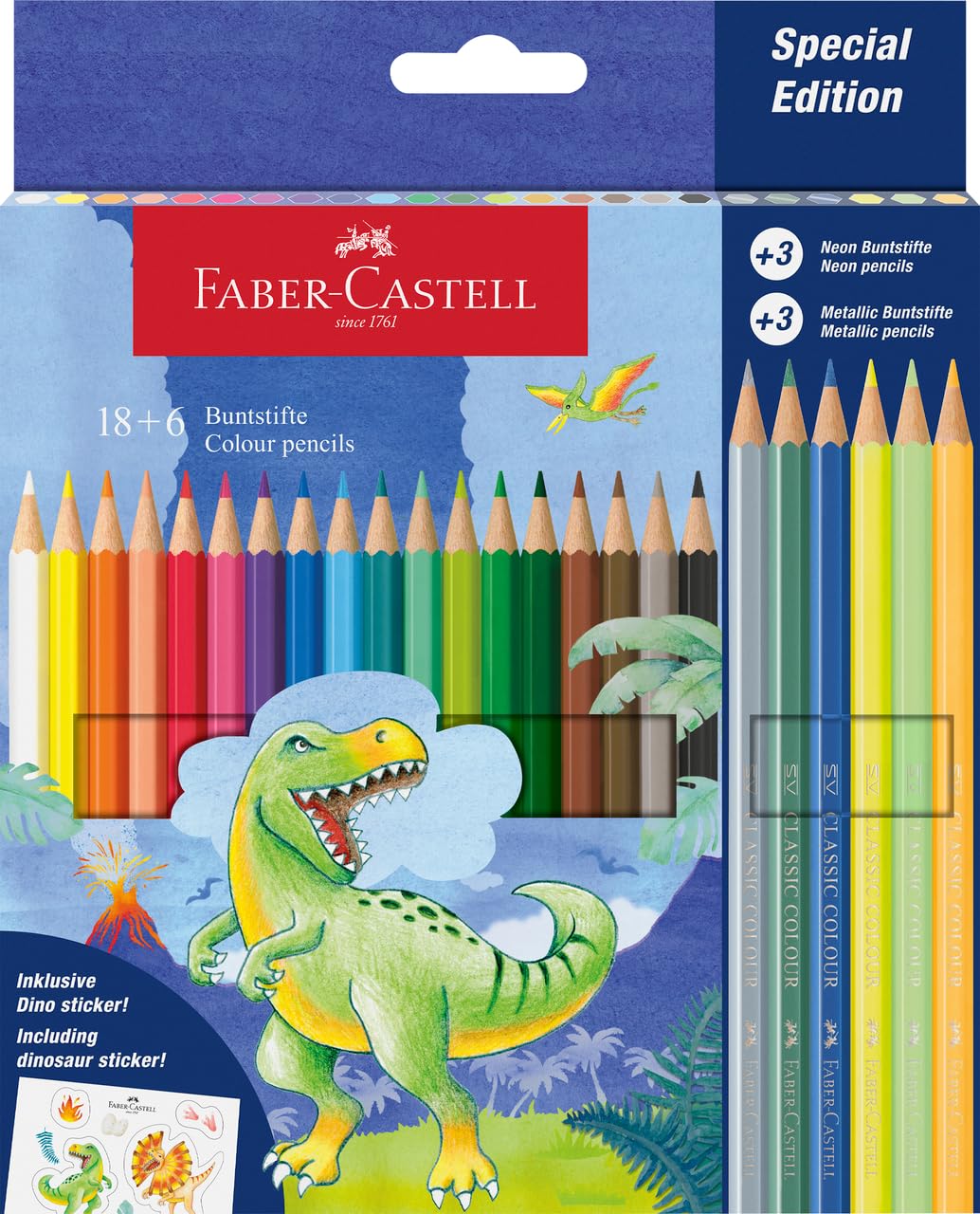 Faber-Castell 111222 – Cardboard Case with 24 Coloured Pencils – 18 Classic Colours + 3 Neon + 3 Metallic – Dinosaur Edition