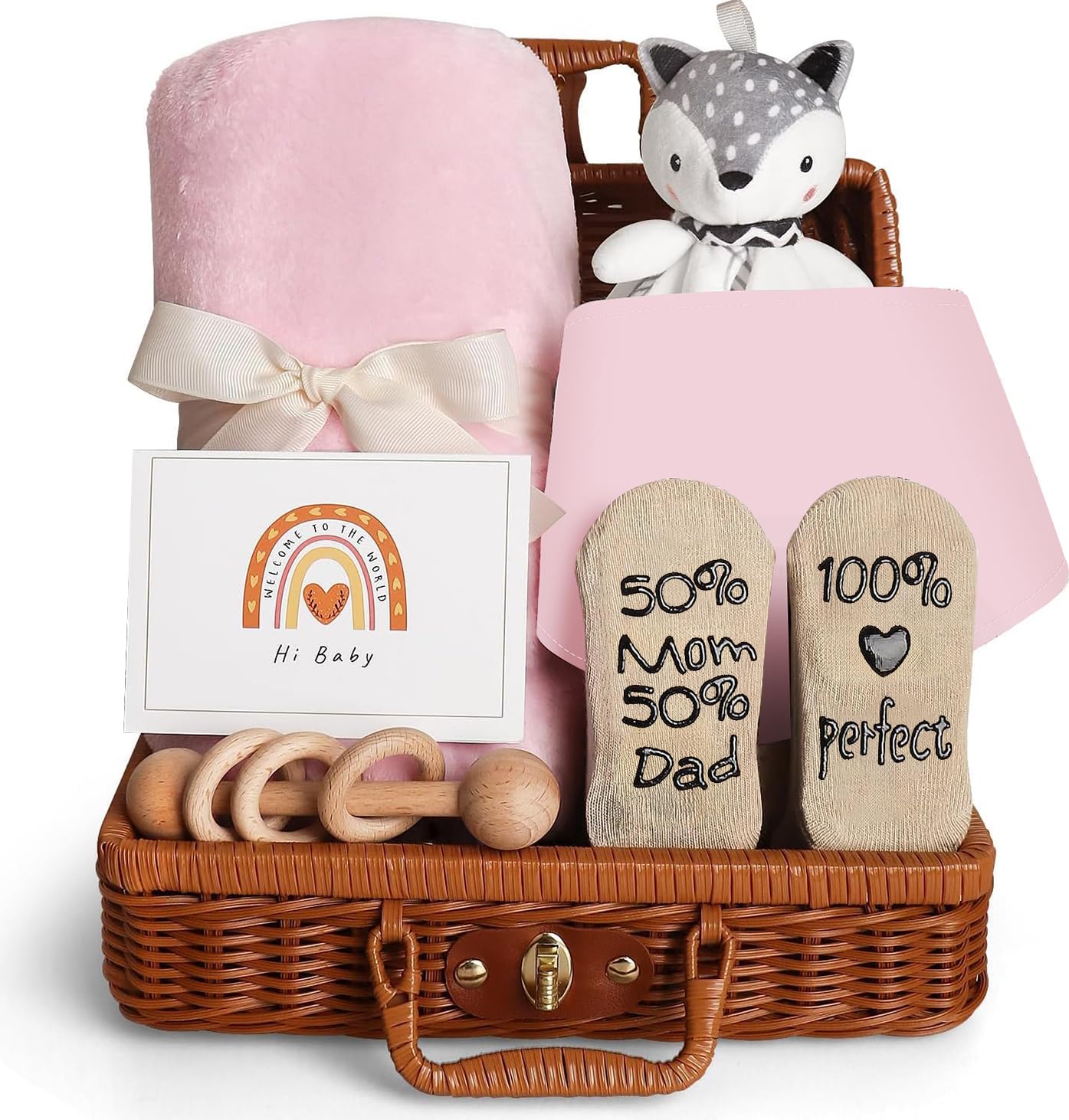 NnewvanteBaby Gift Basket, Newborn Gift Set with Baby Baby Rattle, Newborn Baby Gift Set, Newborn Baby Gifts, Medium Baby Gift Basket Kit for Expecting Moms(PINK)