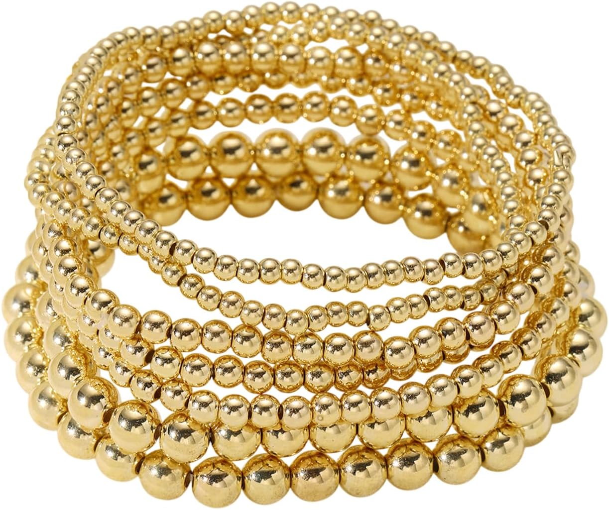 POYAMUSE Gold Beaded Bracelet Set – 14K Gold Plated CCB Ball Beads Stack Stretch Bracelet, Mixed Sizes 3-8 mm