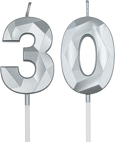 Velas de 30 cumpleaños para tartas, velas plateadas con forma de diamante 30 con forma de diamante, decoraciones de cumpleaños, suministros de