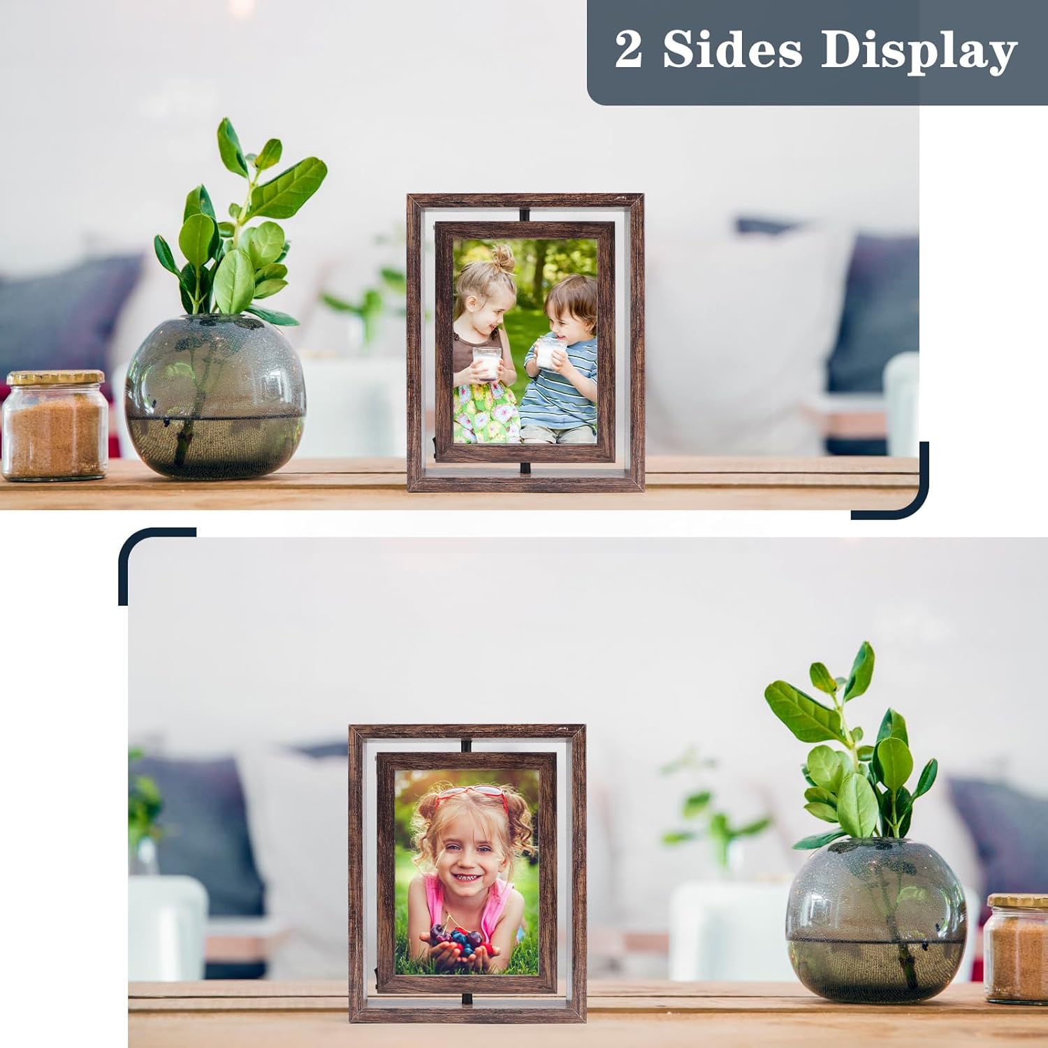 EXYGLO 2 Pack 5x7 Picture Frames Rotating Floating Photo Frame Wooden 2 Sided Frames for Vertical or Horizontal Tabletop Display