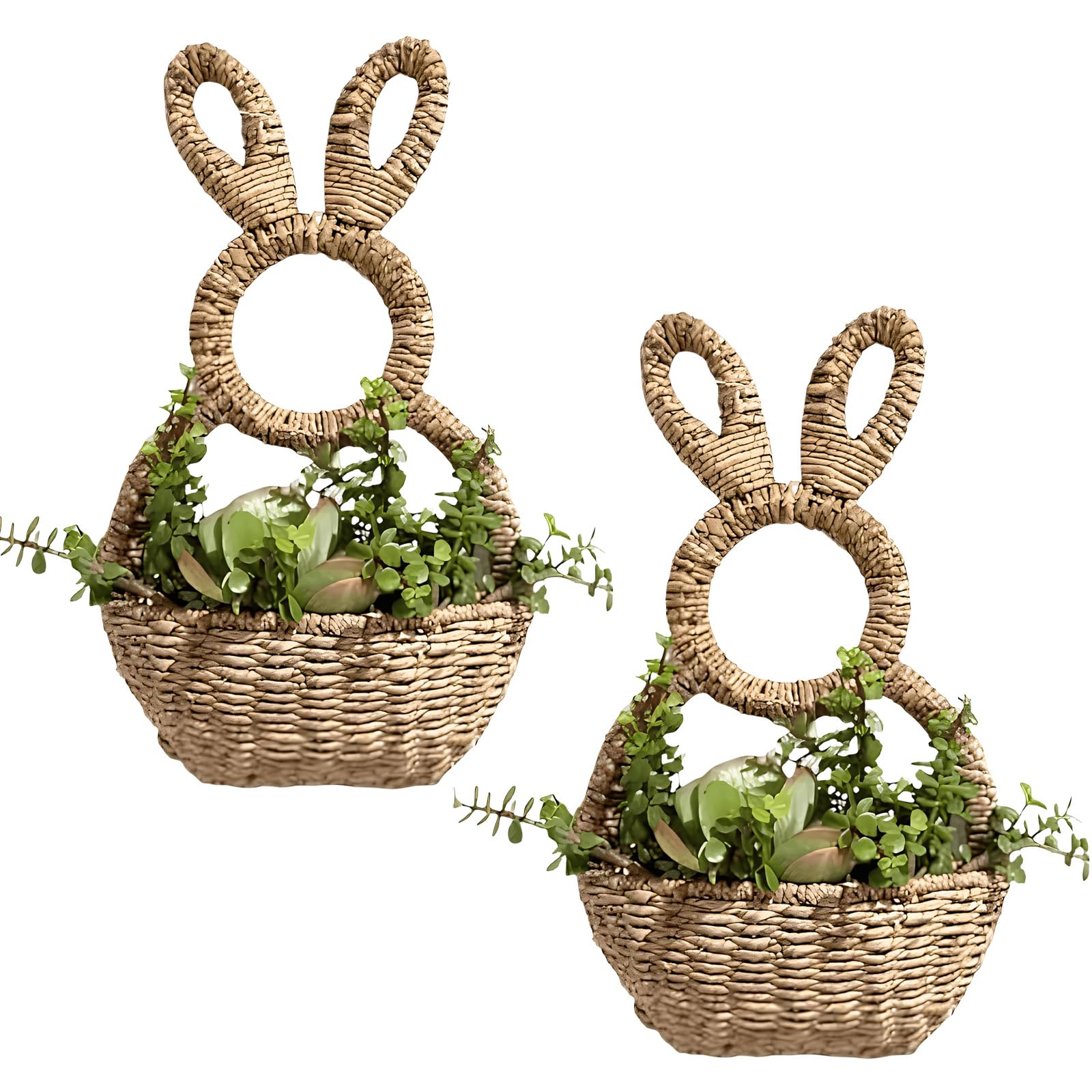 Tsophreniq Wicker Bunnies Easter Basket, Woven Easter Bunnies Basket Hanging Wall Pocket Easters Gift Spring Home Decors Diys Spring Wreath