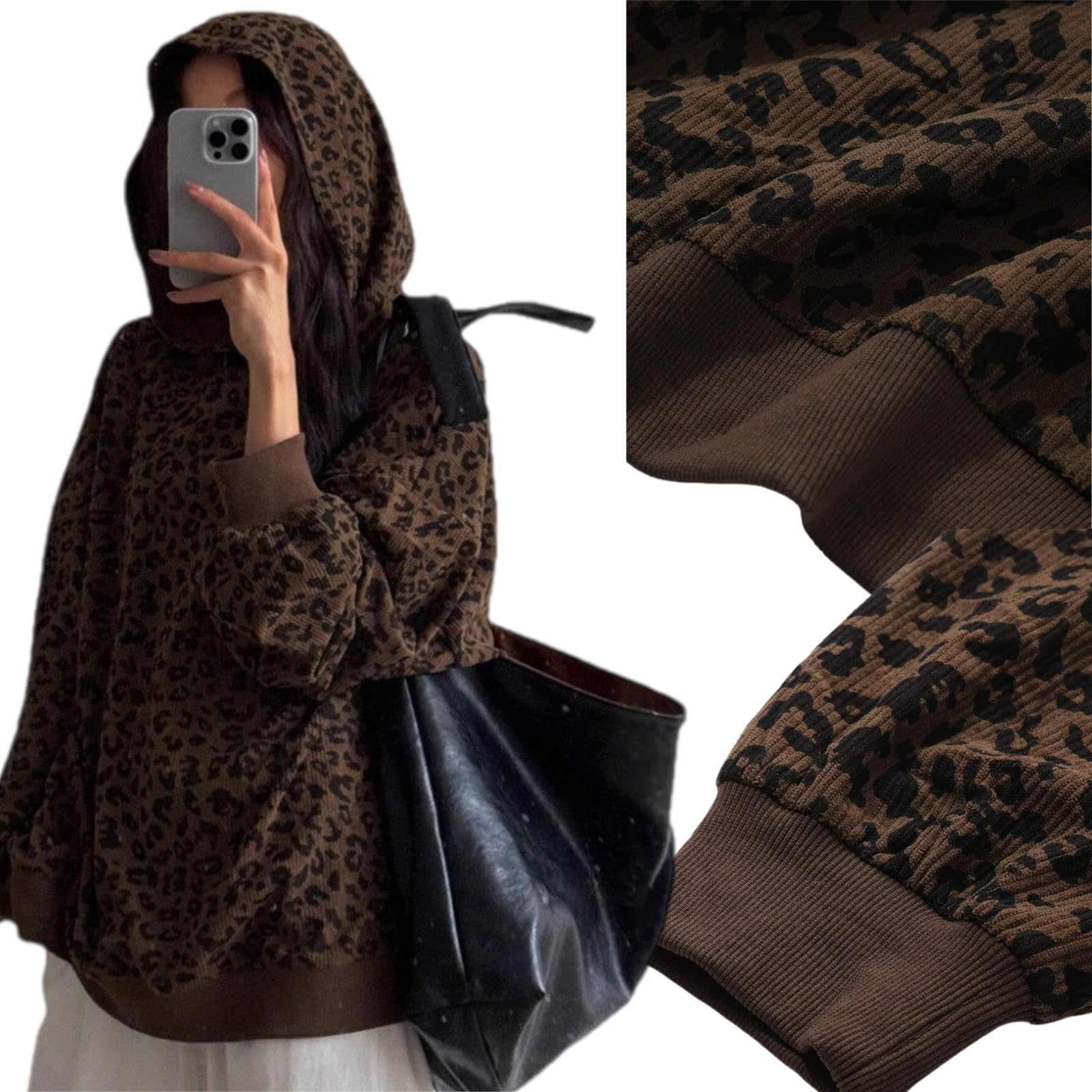 Generisch Damska bluza z kapturem ze wzorem w panterkę, oversize, luźna, z długim rękawem, prążkowana dzianina, okrągły dekolt