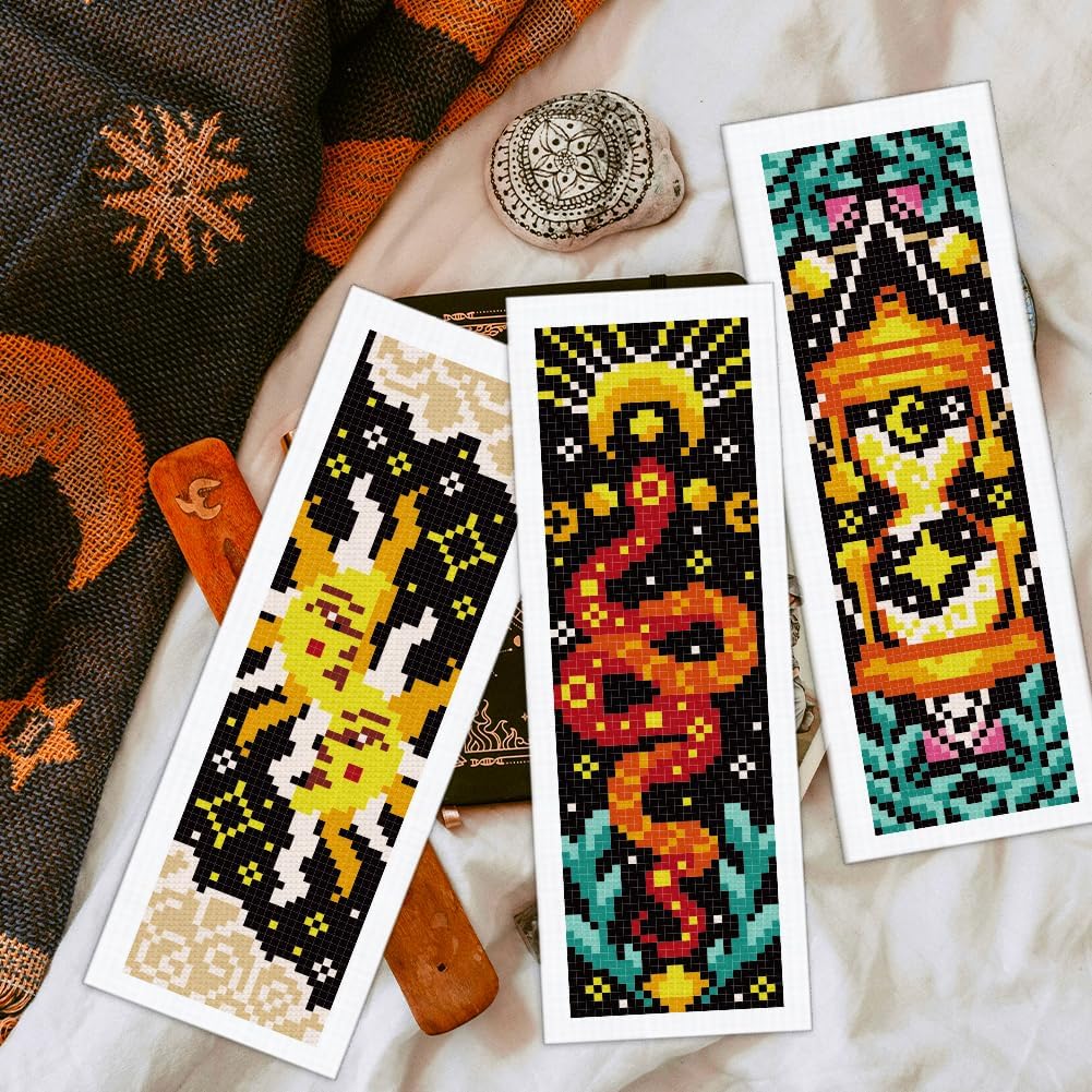 ORIGACH 12 Set Moths & Divination Cross Stitch Bookmark Kit for Beginner with Backing Felt Floss Instructions Tarot Sun & Star DIY Stamped Embroidery Bookmark Kit for Adults, Book Lovers