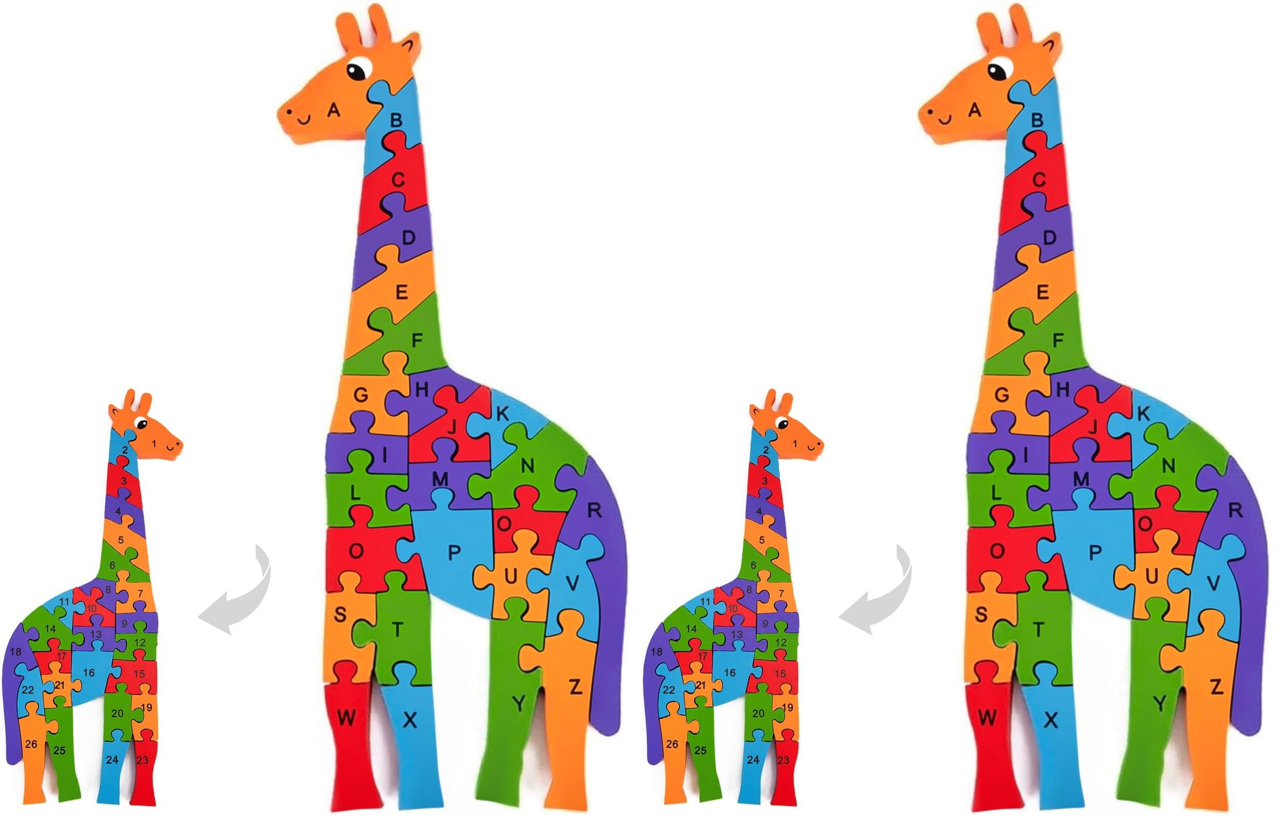LovesTown Wooden Puzzles for Kids, Double Sided Giraffe Jigsaw with Alphabet &amp; Numbers, Montessori Educational Toy for Toddlers, Chunky Animal Gift (Pack of 2)