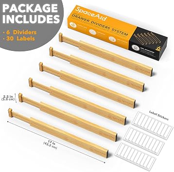 SpaceAid Bamboo Drawer Dividers (Need 2.35 Deep Drawer) Kitchen Adjustable Drawer Organizers, Expandable Organization for Home, Office, Dressers and Bathroom, 6 Dividers (13.25-17 in)
