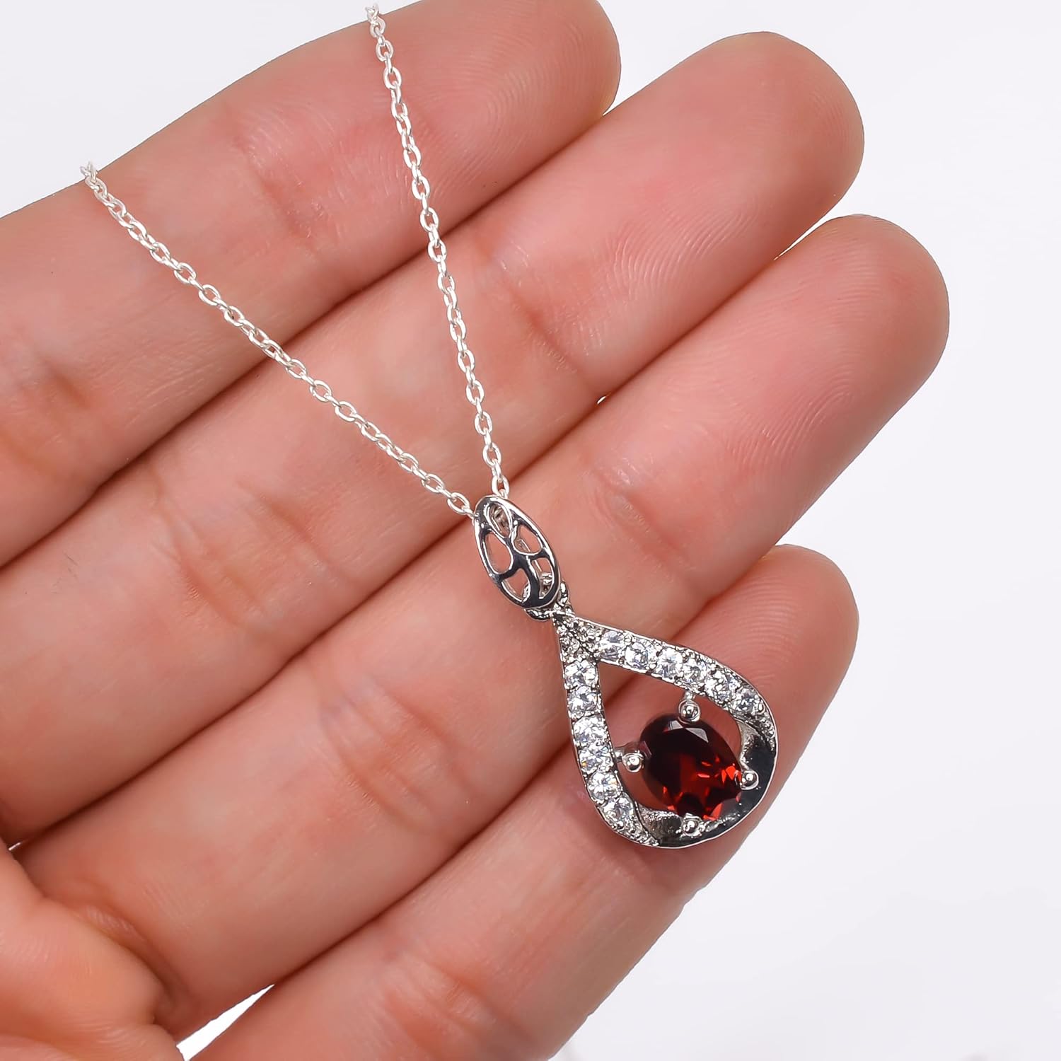 Natural Garnet Gemstone Brilliant Oval Dainty Pendant Necklace, Zodiac, January Birthstone, Healing Crystals Women Jewelry in 925 Sterling Silver Chain 18 inch, 100% Real Stone - Image 3