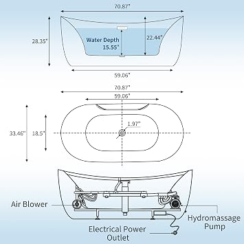 71 Acrylic Freestanding Bathtub with Air Bubble Jets, White Stand Alone Soaking Tub with Manual Control, Deep water massage Massage Spa Tub, Modern Contemporary Free Standing Bath for main Bathroom